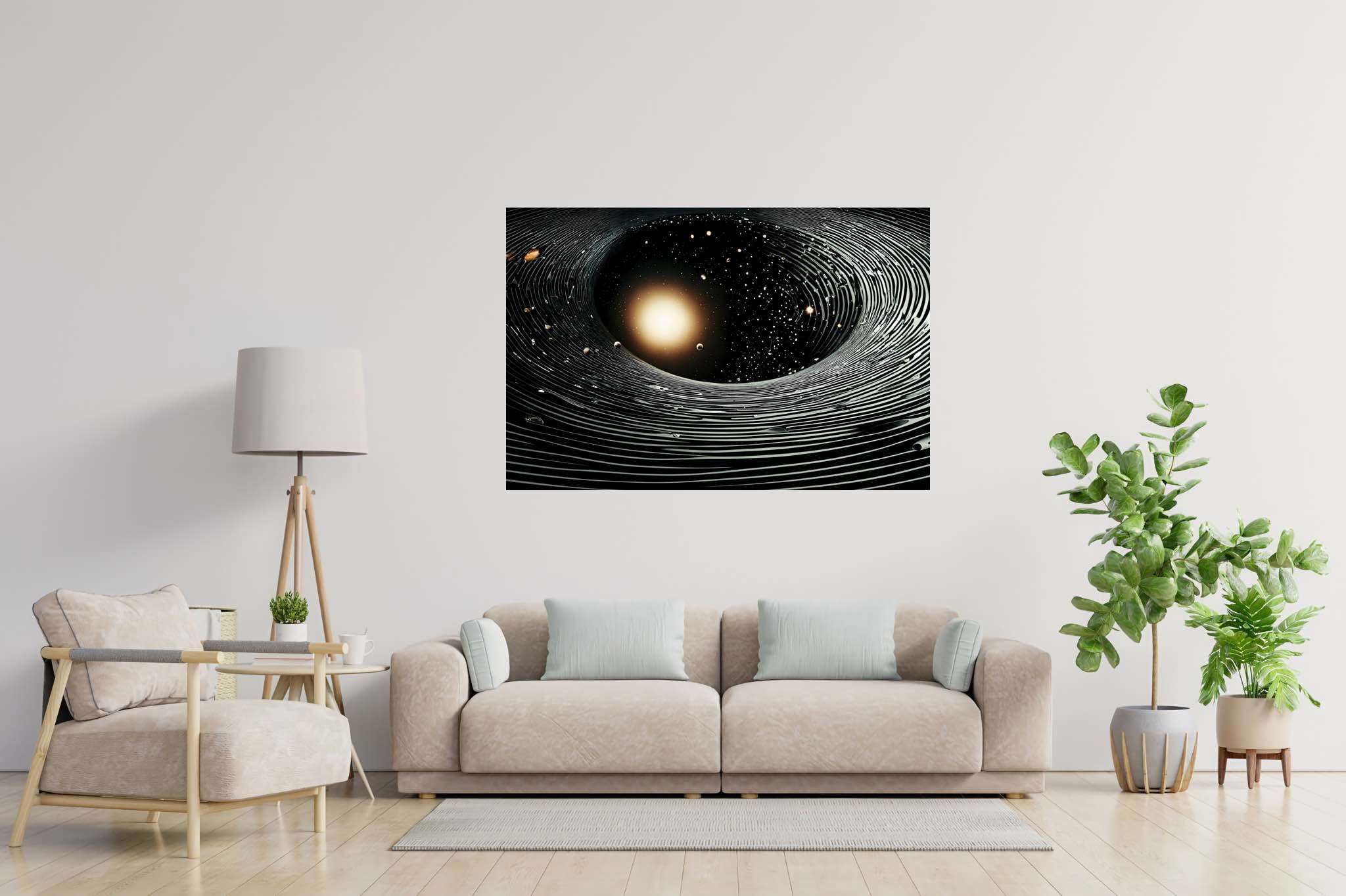 Stardust enigma: Stunning black hole art with galactic illustrations, in a room with elegant layout, mural artworks, and stylish accessories. The art can be printed on poster, framed poster, canvas, metal, acrylic or wood, exclusively at WallArtZen. Find this exact print at https://wallartzen.com/waz120