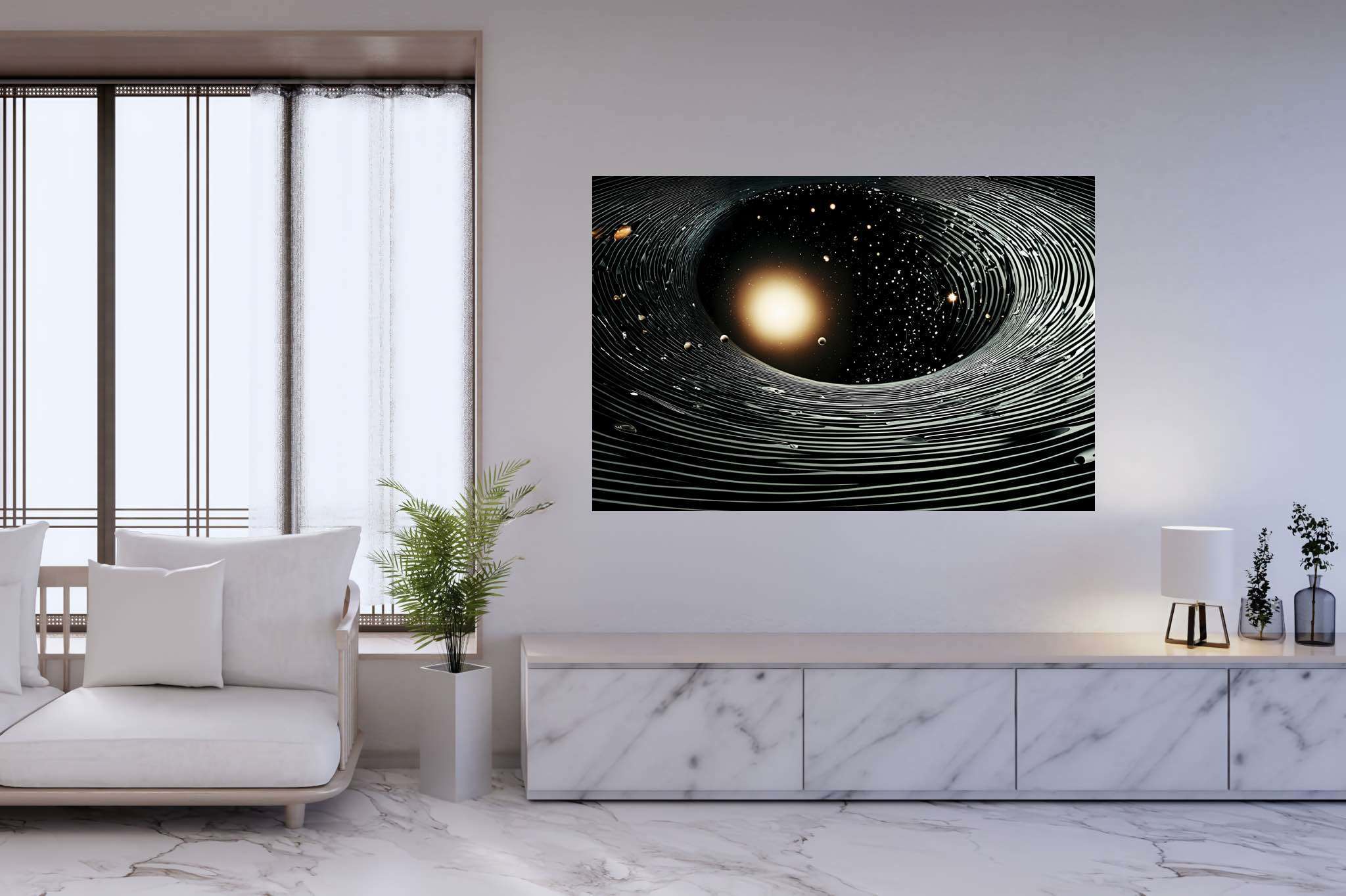 Stardust enigma: Stunning black hole art with astronomical creations, in a room with innovative layout, wall art, and home styling items. The art can be printed on poster, framed poster, canvas, metal, acrylic or wood, exclusively at WallArtZen. Find this exact print at https://wallartzen.com/waz120