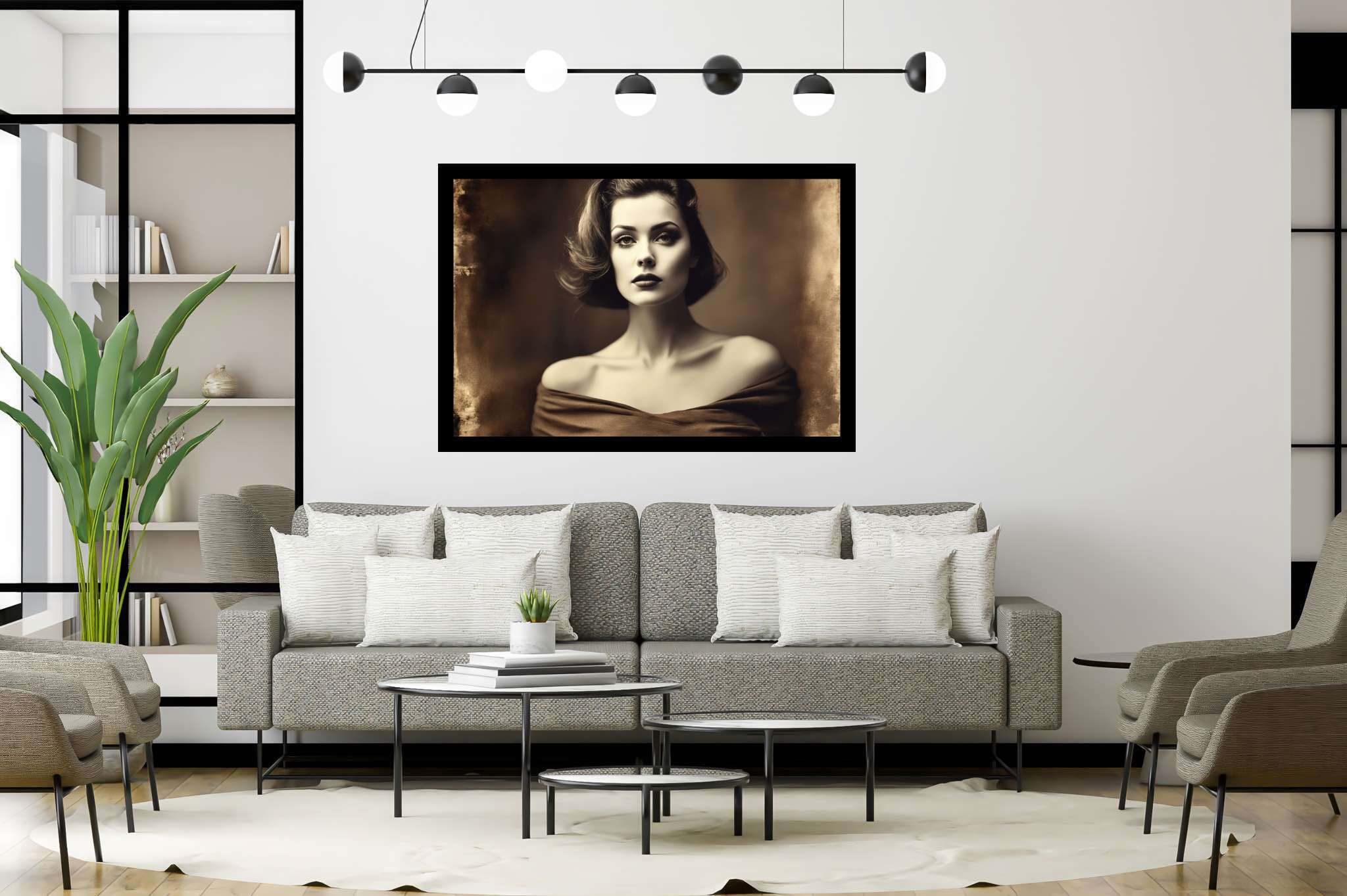Silhouette of grace: Elegant woman art with timeless beauty art, in a room with minimalist approach, fine art prints, and designer furniture. The art can be printed on poster, framed poster, canvas, metal, acrylic or wood, exclusively at WallArtZen. Find this exact print at https://wallartzen.com/waz121