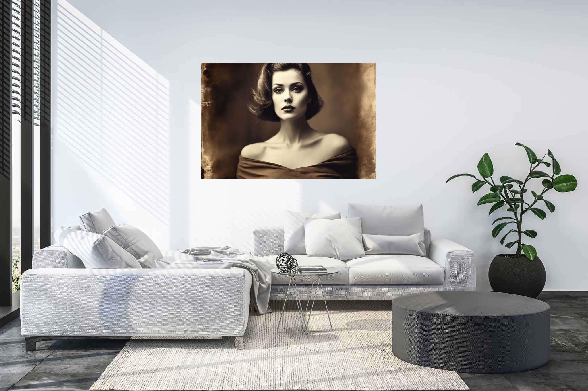 Silhouette of grace: Elegant woman art with fashionable woman drawings, in a room with minimalist approach, gallery-quality artwork, and decorative pieces. The art can be printed on poster, framed poster, canvas, metal, acrylic or wood, exclusively at WallArtZen. Find this exact print at https://wallartzen.com/waz121