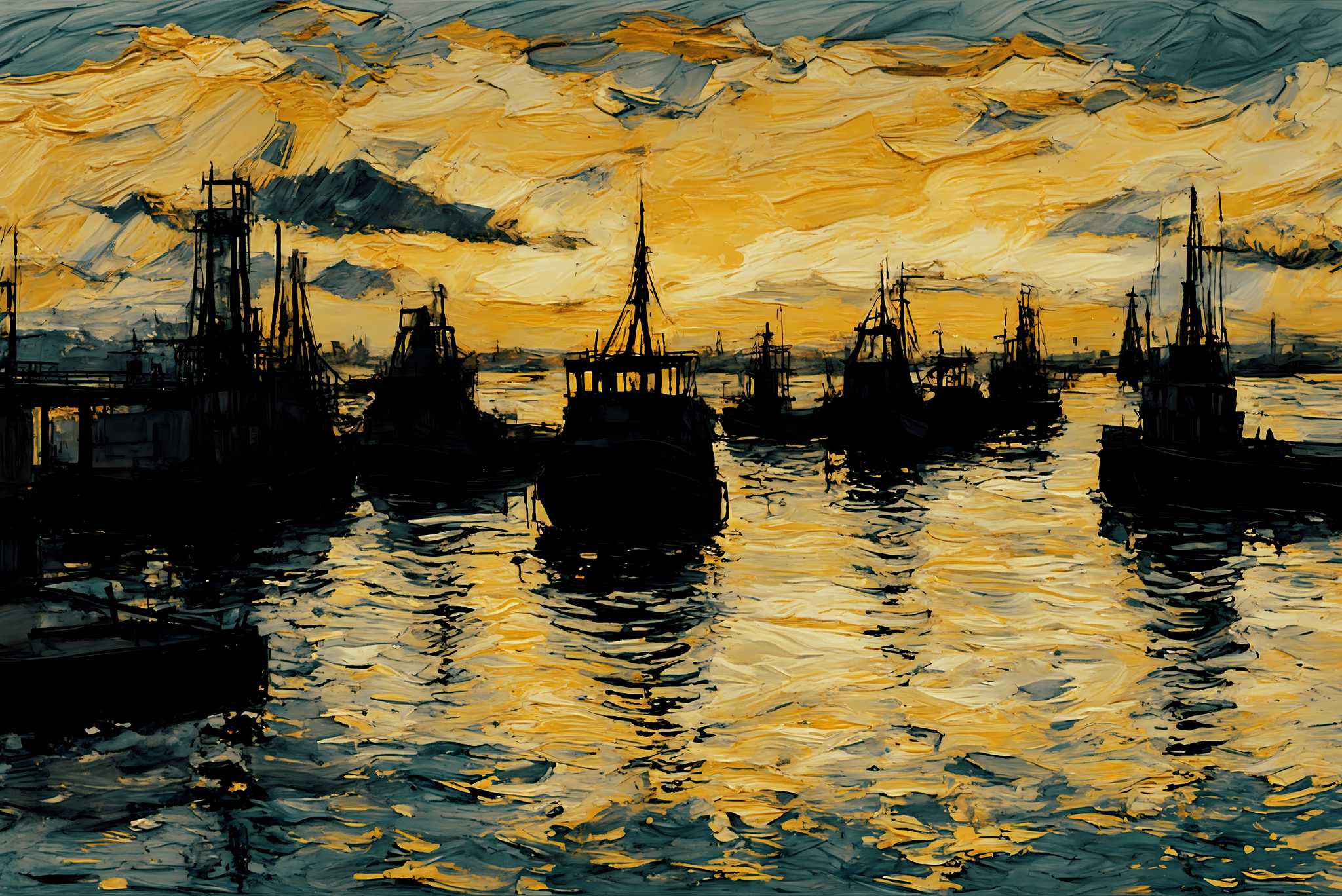 Harbor hues at eventide: Harbor art with waterfront paintings, in a room with urban design, digital art pieces, and home styling items. The art can be printed on poster, framed poster, canvas, metal, acrylic or wood, exclusively at WallArtZen. Find this exact print at https://wallartzen.com/waz122