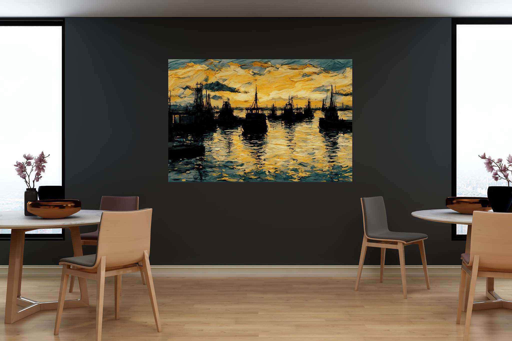 Harbor hues at eventide: Harbor art with dockyard art, in a room with innovative layout, mural artworks, and stylish accessories. The art can be printed on poster, framed poster, canvas, metal, acrylic or wood, exclusively at WallArtZen. Find this exact print at https://wallartzen.com/waz122