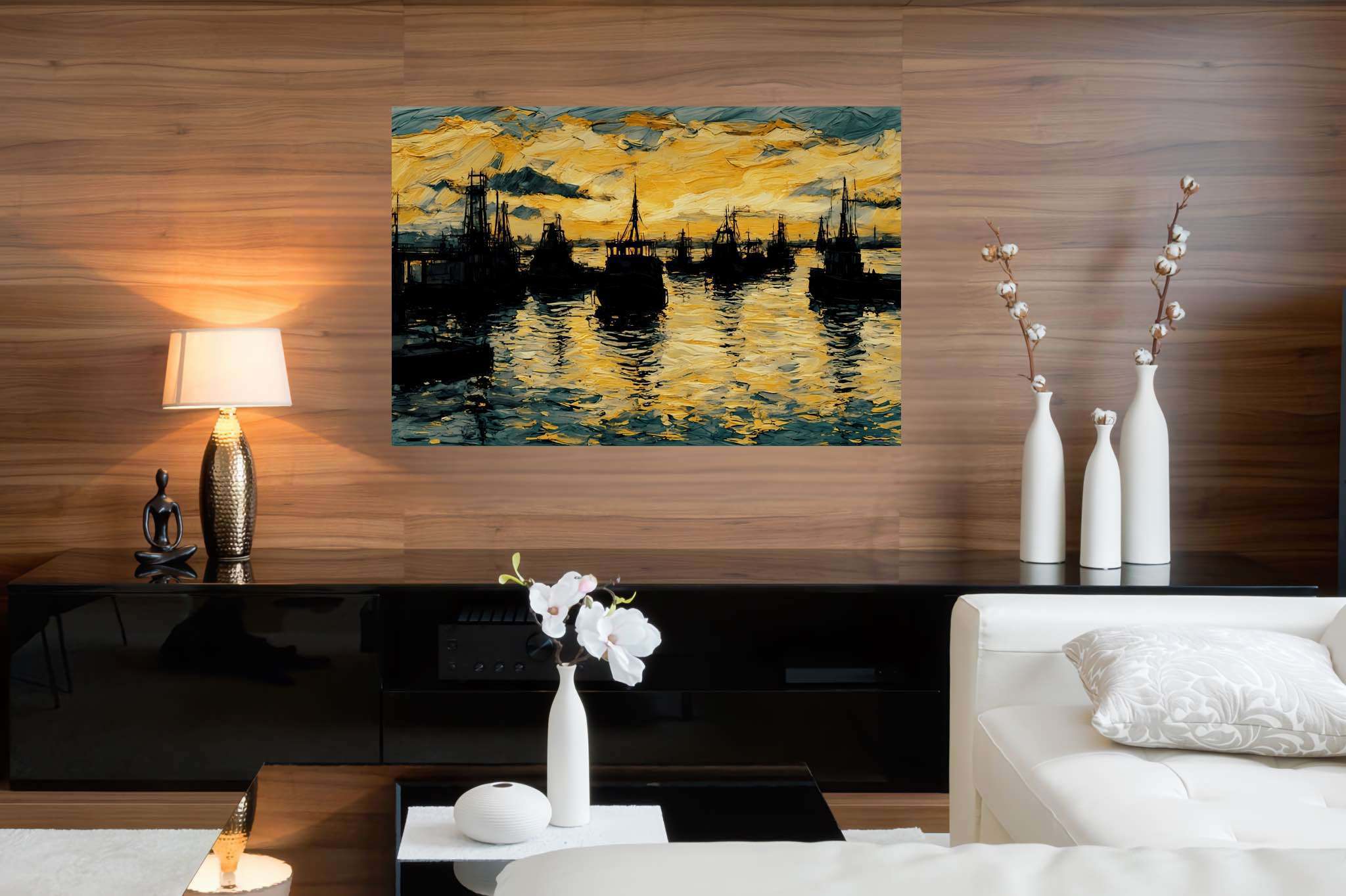 Harbor hues at eventide: Harbor art with boating artwork, in a room with modern style, canvas prints, and stylish accessories. The art can be printed on poster, framed poster, canvas, metal, acrylic or wood, exclusively at WallArtZen. Find this exact print at https://wallartzen.com/waz122