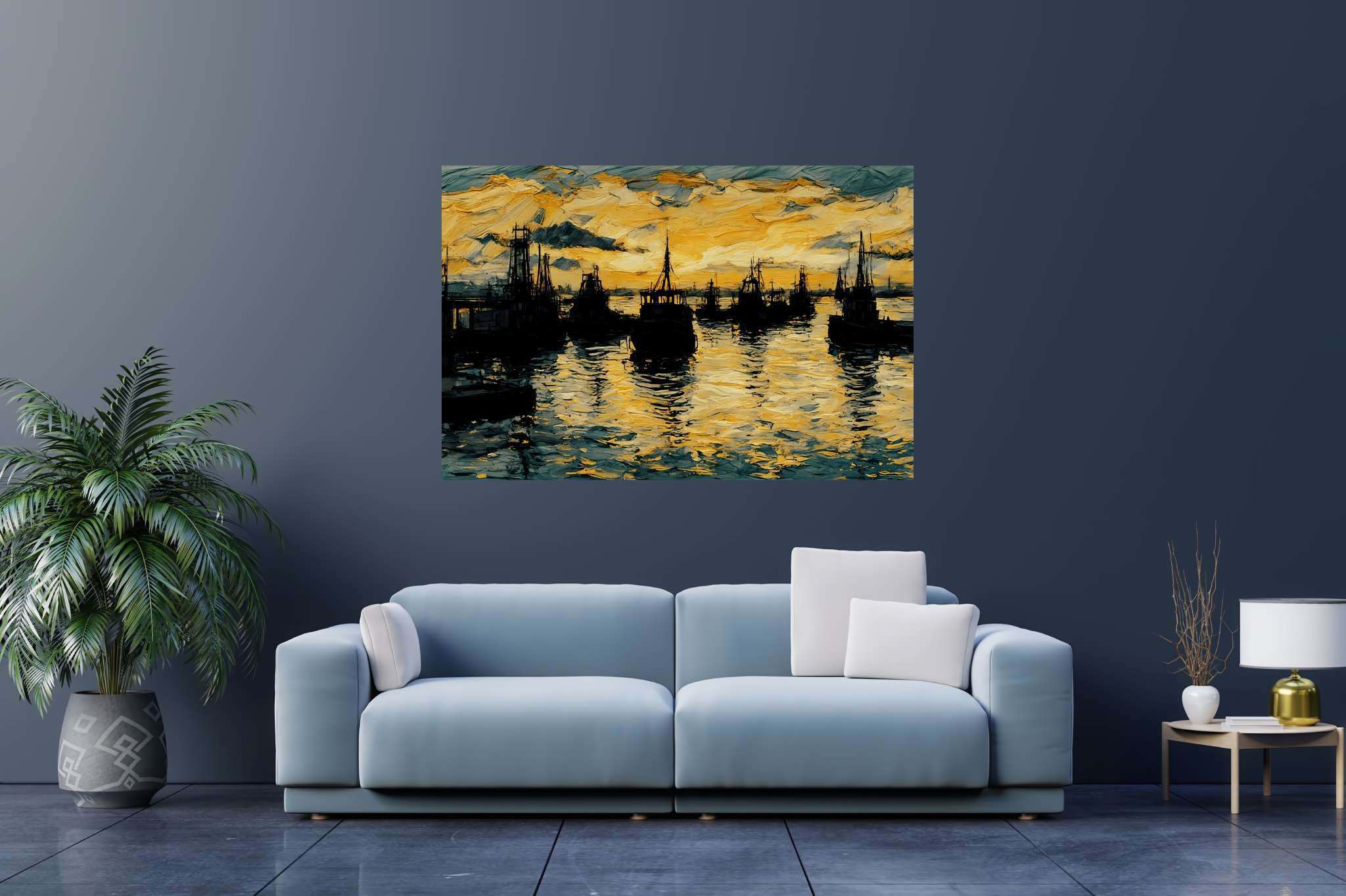 Harbor hues at eventide: Harbor art with nautical art, in a room with classic elegance, fine art prints, and artisan decor. The art can be printed on poster, framed poster, canvas, metal, acrylic or wood, exclusively at WallArtZen. Find this exact print at https://wallartzen.com/waz122