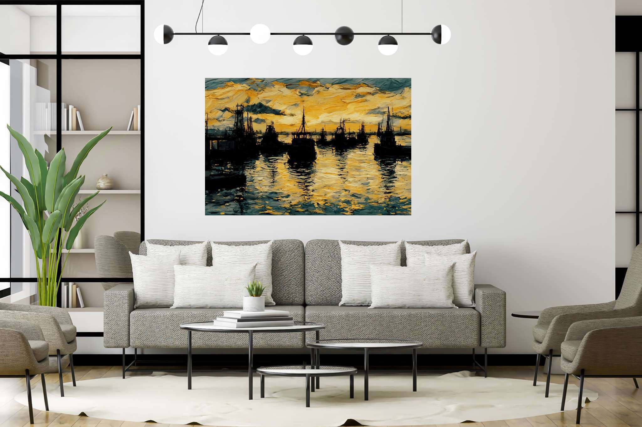 Harbor hues at eventide: Harbor art with waterfront paintings, in a room with contemporary flair, gallery-quality artwork, and trendy home accents. The art can be printed on poster, framed poster, canvas, metal, acrylic or wood, exclusively at WallArtZen. Find this exact print at https://wallartzen.com/waz122