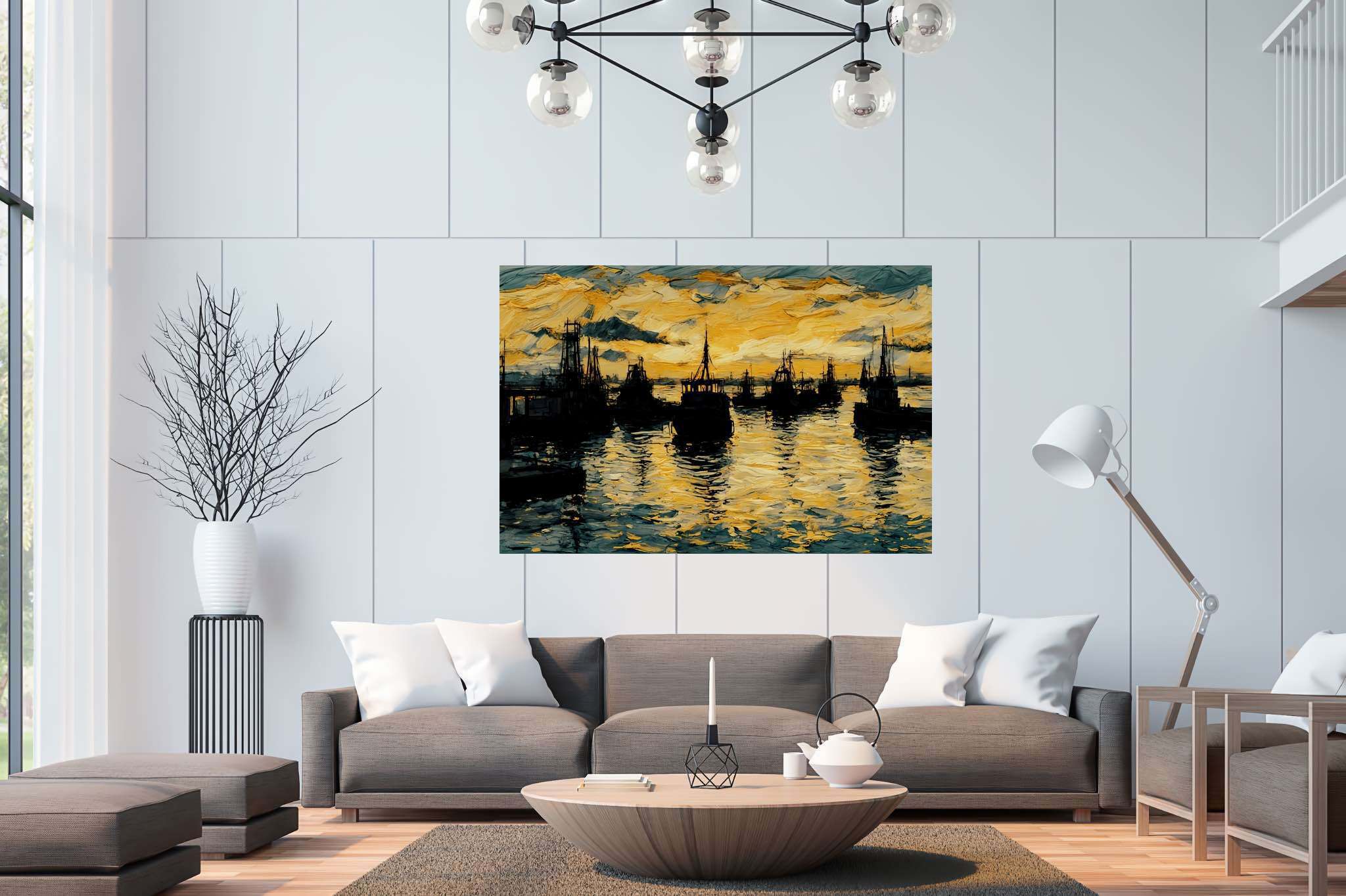 Harbor hues at eventide: Harbor art with port city art, in a room with artistic style, abstract paintings, and designer furniture. The art can be printed on poster, framed poster, canvas, metal, acrylic or wood, exclusively at WallArtZen. Find this exact print at https://wallartzen.com/waz122