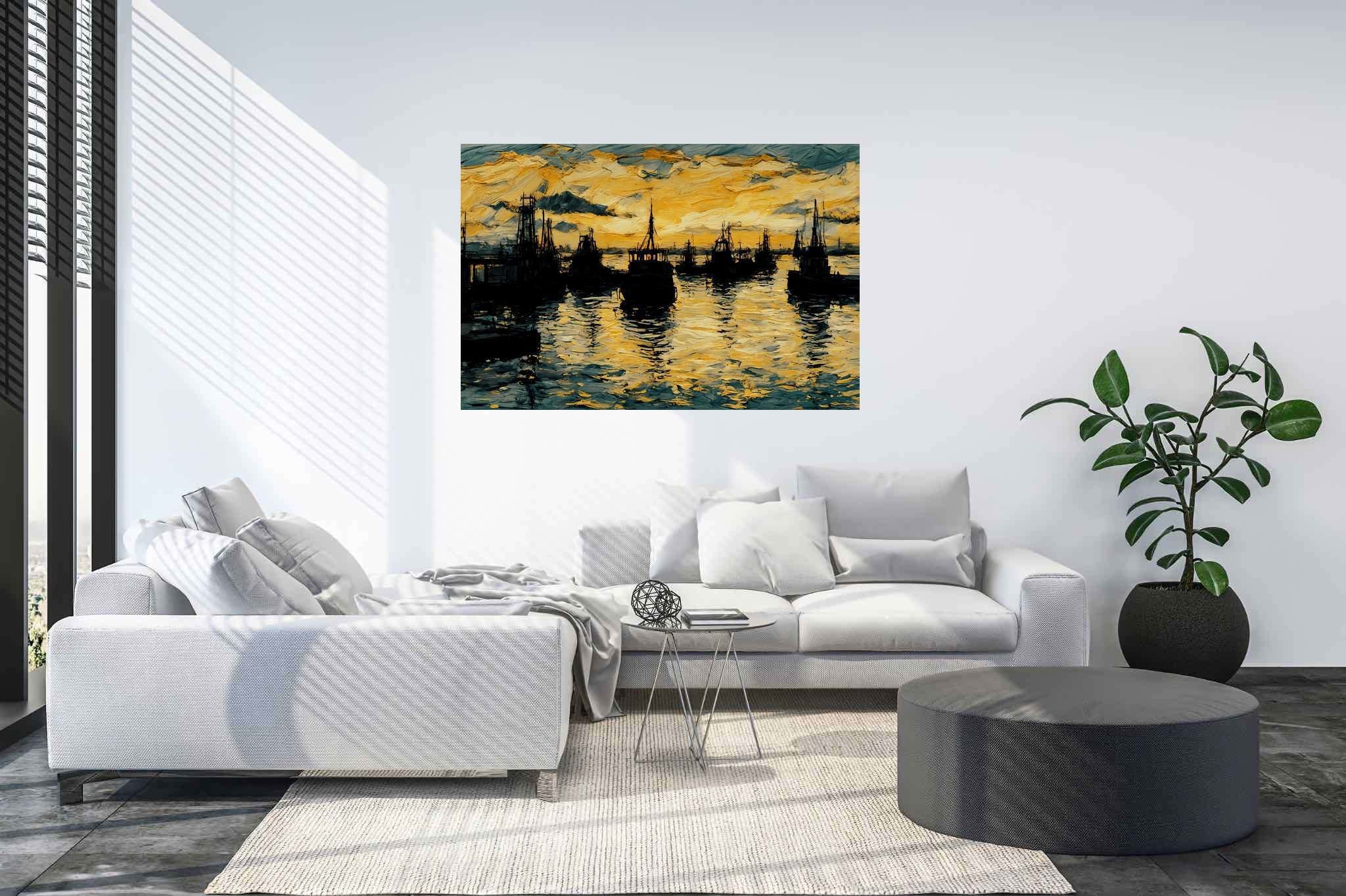 Harbor hues at eventide: Harbor art with seaport illustrations, in a room with great design, bespoke art designs, and stylish accessories. The art can be printed on poster, framed poster, canvas, metal, acrylic or wood, exclusively at WallArtZen. Find this exact print at https://wallartzen.com/waz122