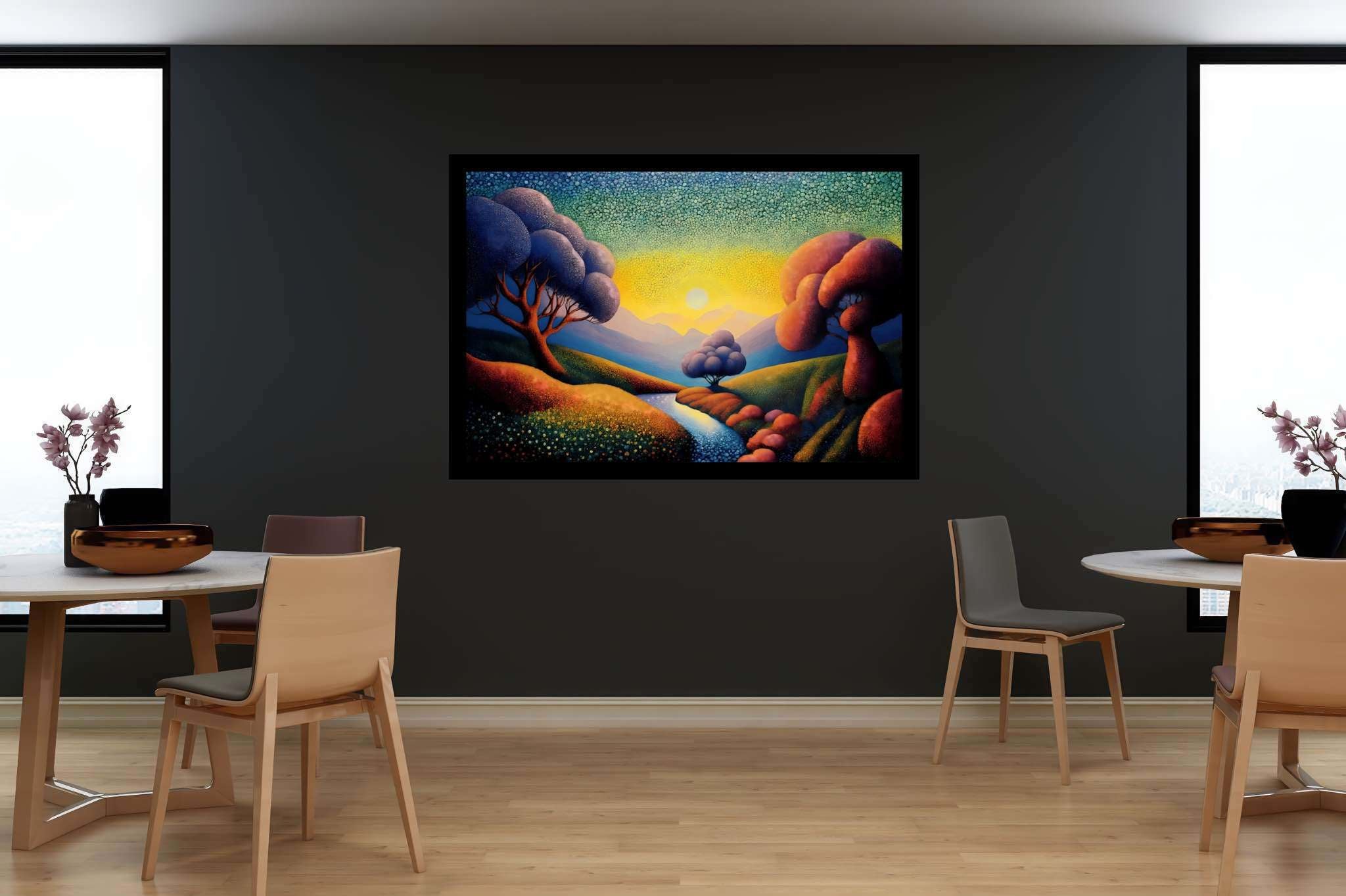 Chromatic valleys embrace: Vivid landscape art with vibrant nature, in a room with innovative layout, digital art pieces, and designer furniture. The art can be printed on poster, framed poster, canvas, metal, acrylic or wood, exclusively at WallArtZen. Find this exact print at https://wallartzen.com/waz123