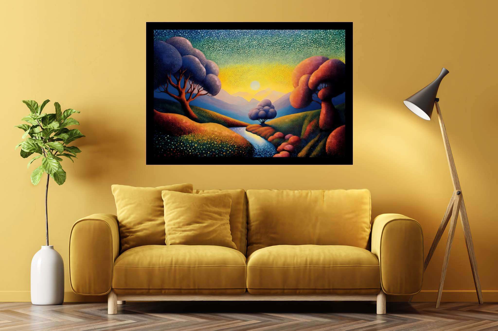 Chromatic valleys embrace: Vivid landscape art with vibrant nature-inspired art, in a room with great design, wall art, and decorative pieces. The art can be printed on poster, framed poster, canvas, metal, acrylic or wood, exclusively at WallArtZen. Find this exact print at https://wallartzen.com/waz123