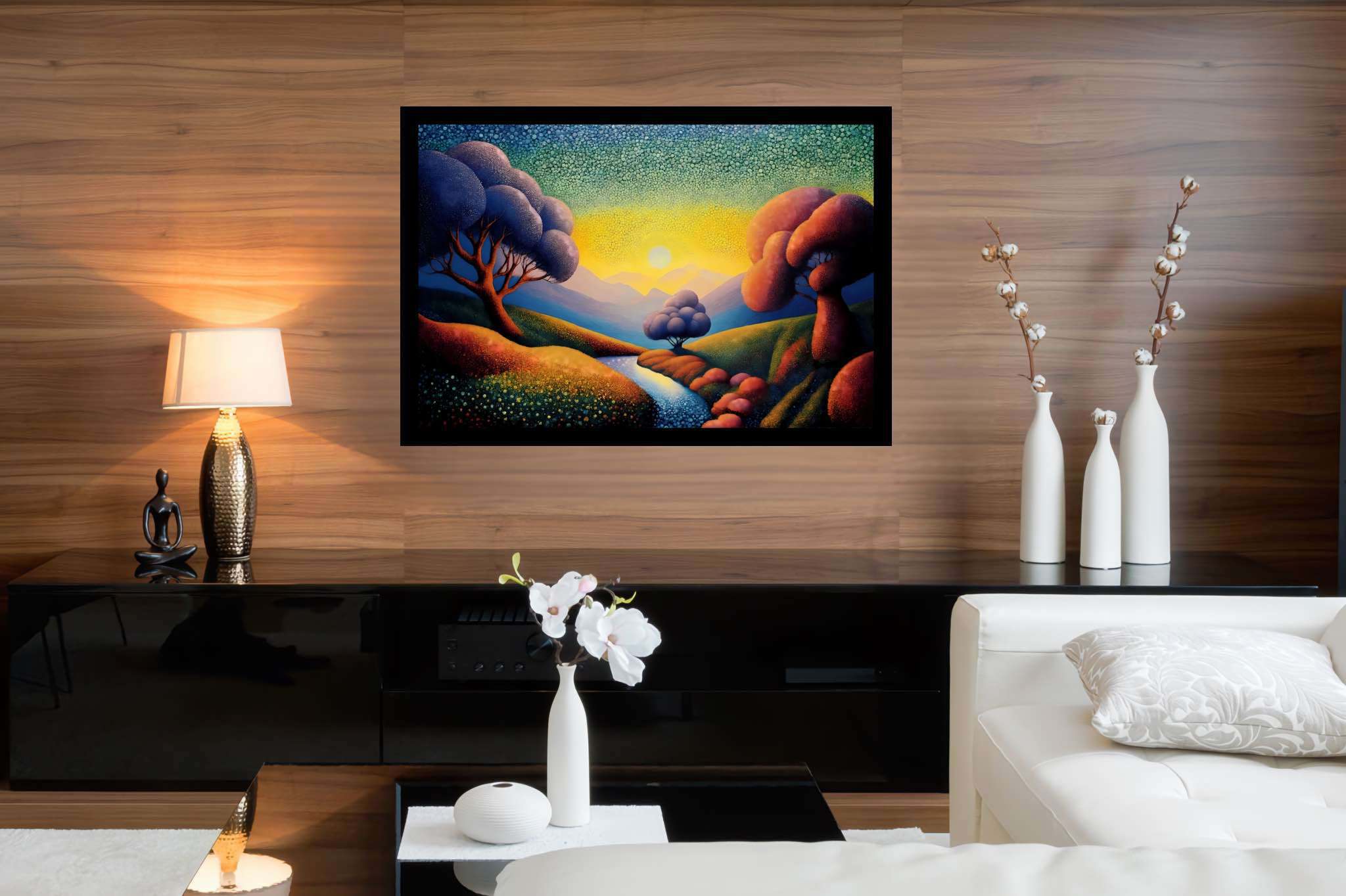 Chromatic valleys embrace: Vivid landscape art with vibrant nature, in a room with contemporary flair, framed art, and elegant home goods. The art can be printed on poster, framed poster, canvas, metal, acrylic or wood, exclusively at WallArtZen. Find this exact print at https://wallartzen.com/waz123