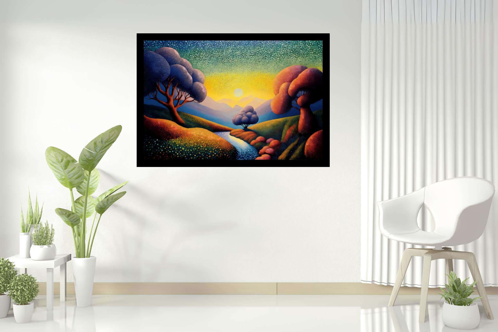 Chromatic valleys embrace: Vivid landscape art with lively nature scenes, in a room with contemporary flair, bespoke art designs, and luxe decor. The art can be printed on poster, framed poster, canvas, metal, acrylic or wood, exclusively at WallArtZen. Find this exact print at https://wallartzen.com/waz123