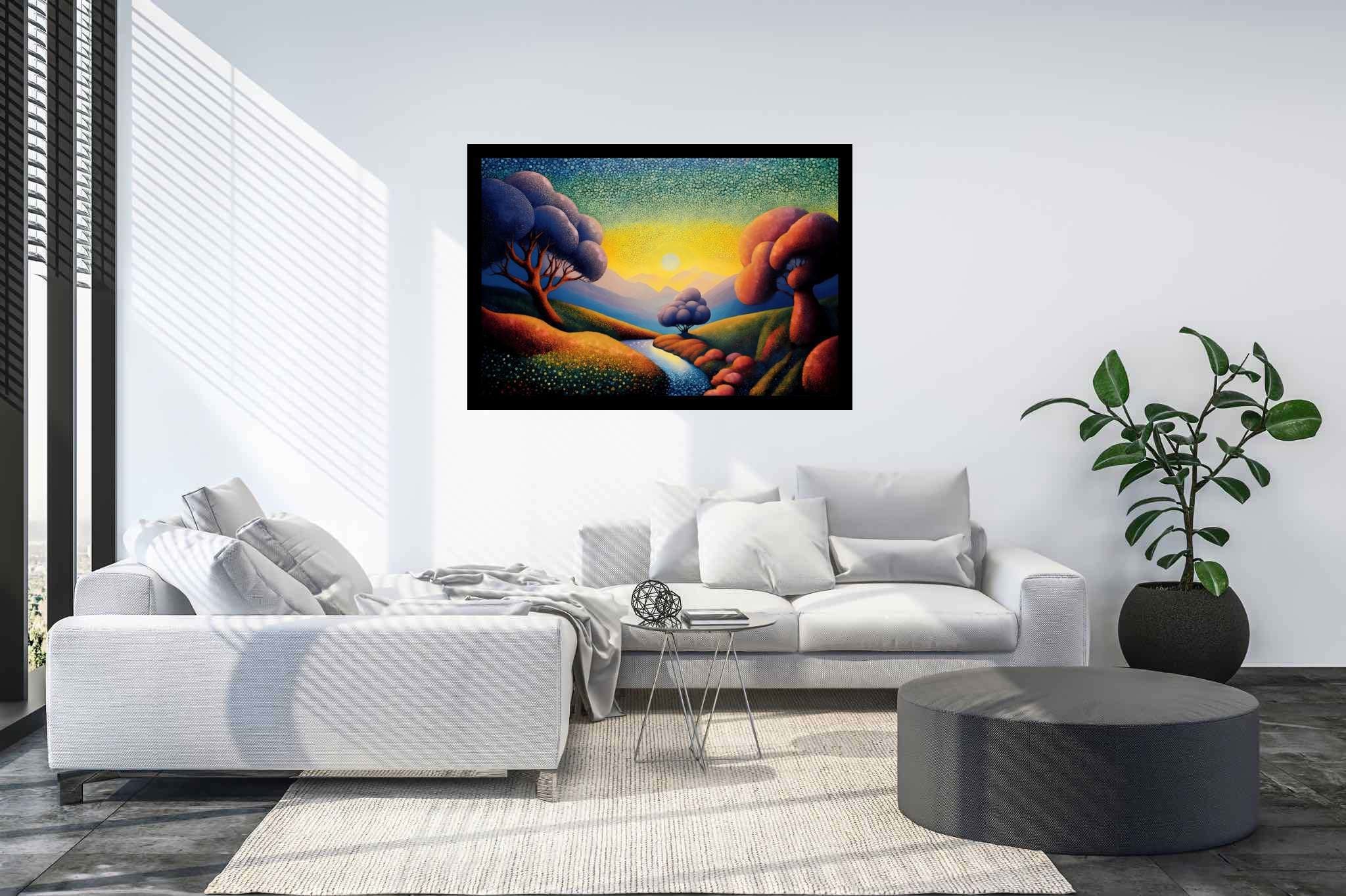 Chromatic valleys embrace: Vivid landscape art with picturesque scenery, in a room with chic decor, gallery-quality artwork, and artisan decor. The art can be printed on poster, framed poster, canvas, metal, acrylic or wood, exclusively at WallArtZen. Find this exact print at https://wallartzen.com/waz123