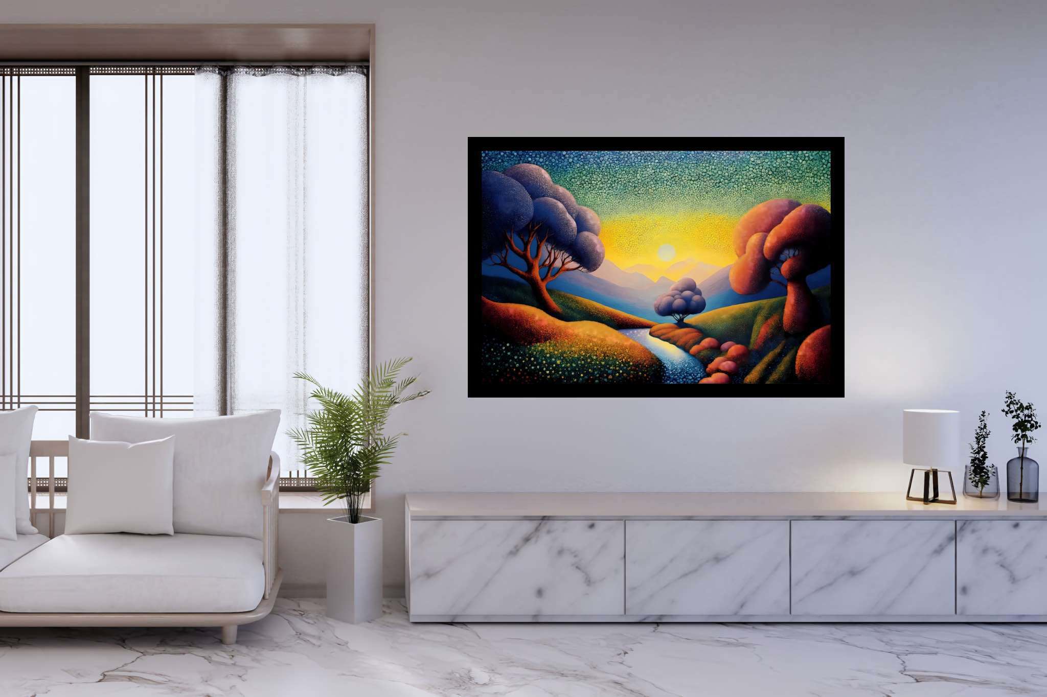 Chromatic valleys embrace: Vivid landscape art with dynamic outdoor scenery, in a room with contemporary flair, canvas prints, and home styling items. The art can be printed on poster, framed poster, canvas, metal, acrylic or wood, exclusively at WallArtZen. Find this exact print at https://wallartzen.com/waz123