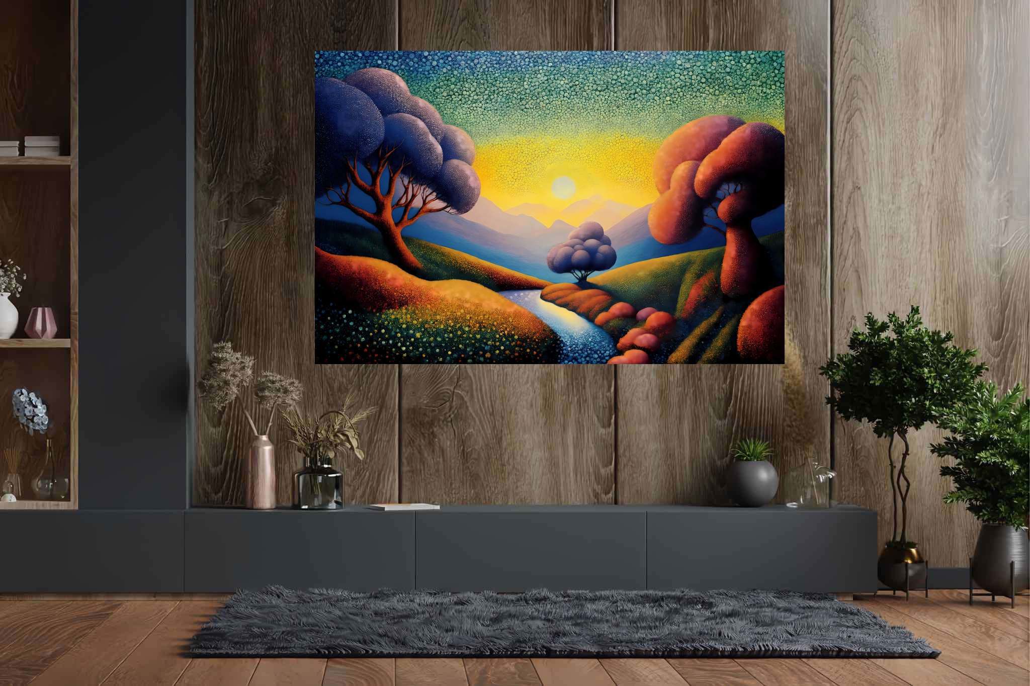 Chromatic valleys embrace: Vivid landscape art with colorful natural landscapes, in a room with artistic style, wall art, and decorative pieces. The art can be printed on poster, framed poster, canvas, metal, acrylic or wood, exclusively at WallArtZen. Find this exact print at https://wallartzen.com/waz123
