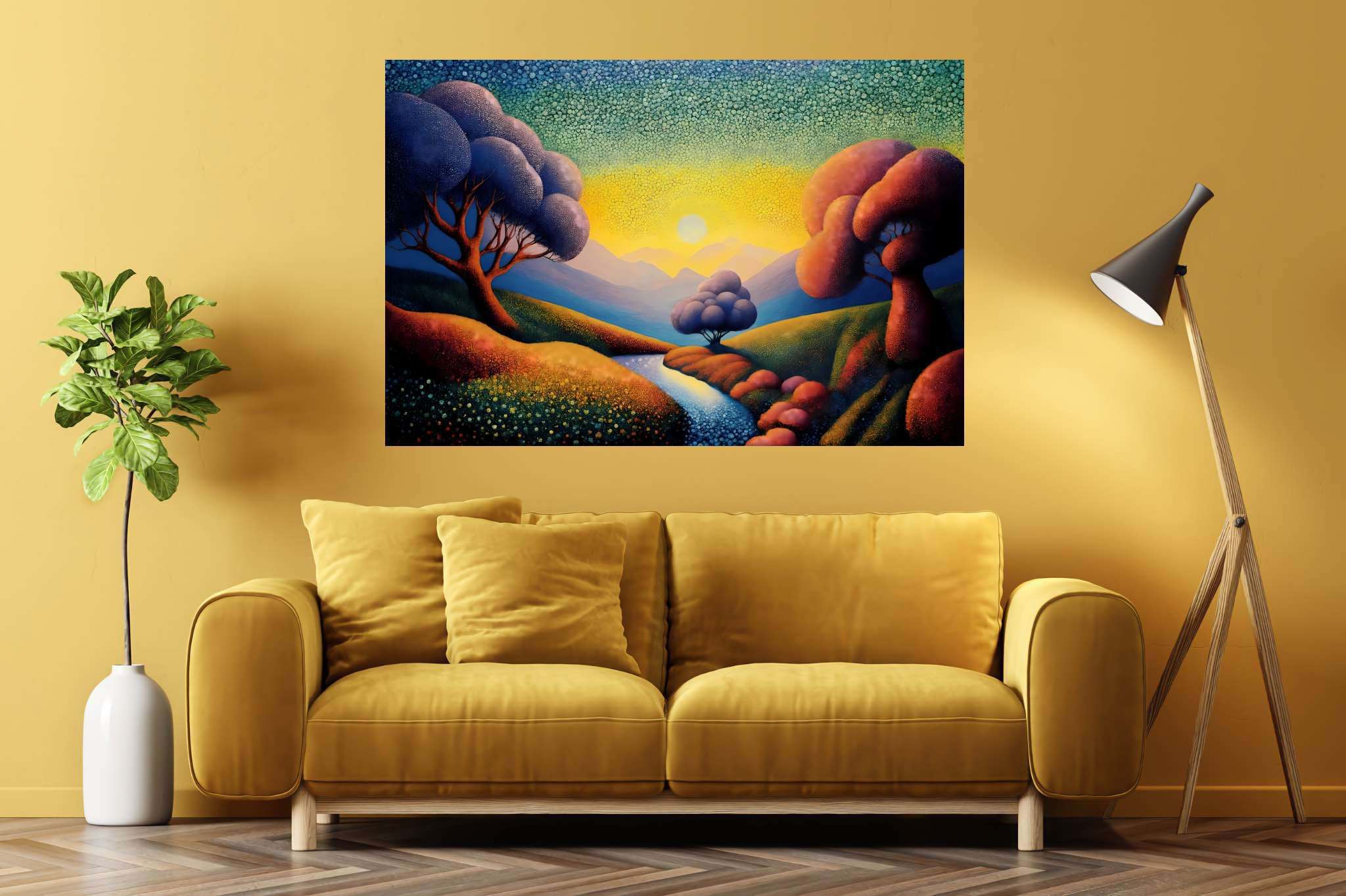 Chromatic valleys embrace: Vivid landscape art with dynamic outdoor scenery, in a room with classic elegance, digital art pieces, and luxe decor. The art can be printed on poster, framed poster, canvas, metal, acrylic or wood, exclusively at WallArtZen. Find this exact print at https://wallartzen.com/waz123