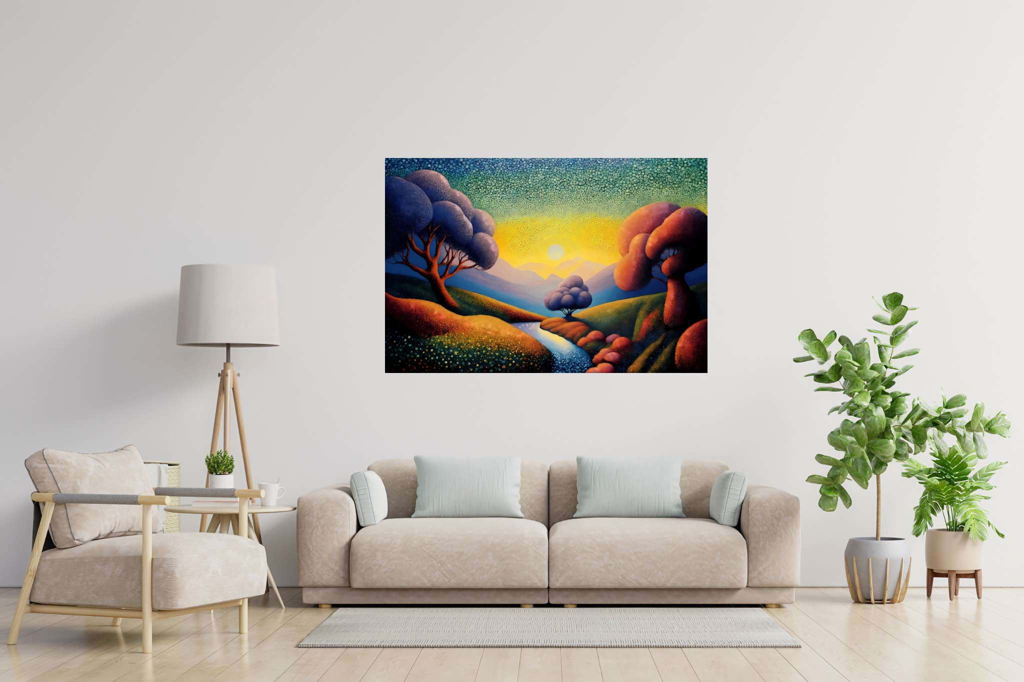 Chromatic valleys embrace: Vivid landscape art with dynamic outdoor scenery, in a room with classic elegance, fine art prints, and stylish accessories. The art can be printed on poster, framed poster, canvas, metal, acrylic or wood, exclusively at WallArtZen. Find this exact print at https://wallartzen.com/waz123