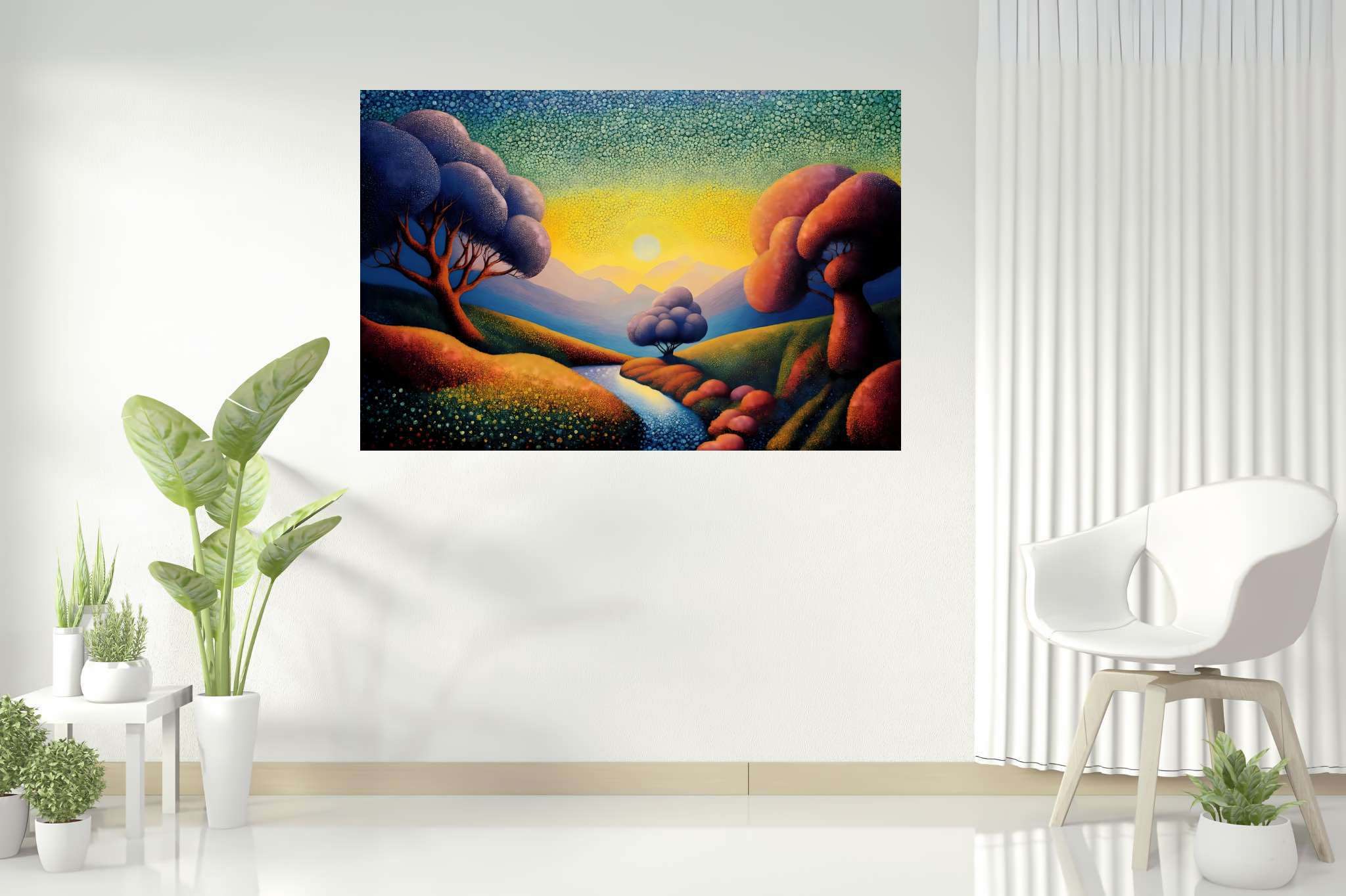 Chromatic valleys embrace: Vivid landscape art with vivid landscape art, in a room with great design, gallery-quality artwork, and trendy home accents. The art can be printed on poster, framed poster, canvas, metal, acrylic or wood, exclusively at WallArtZen. Find this exact print at https://wallartzen.com/waz123