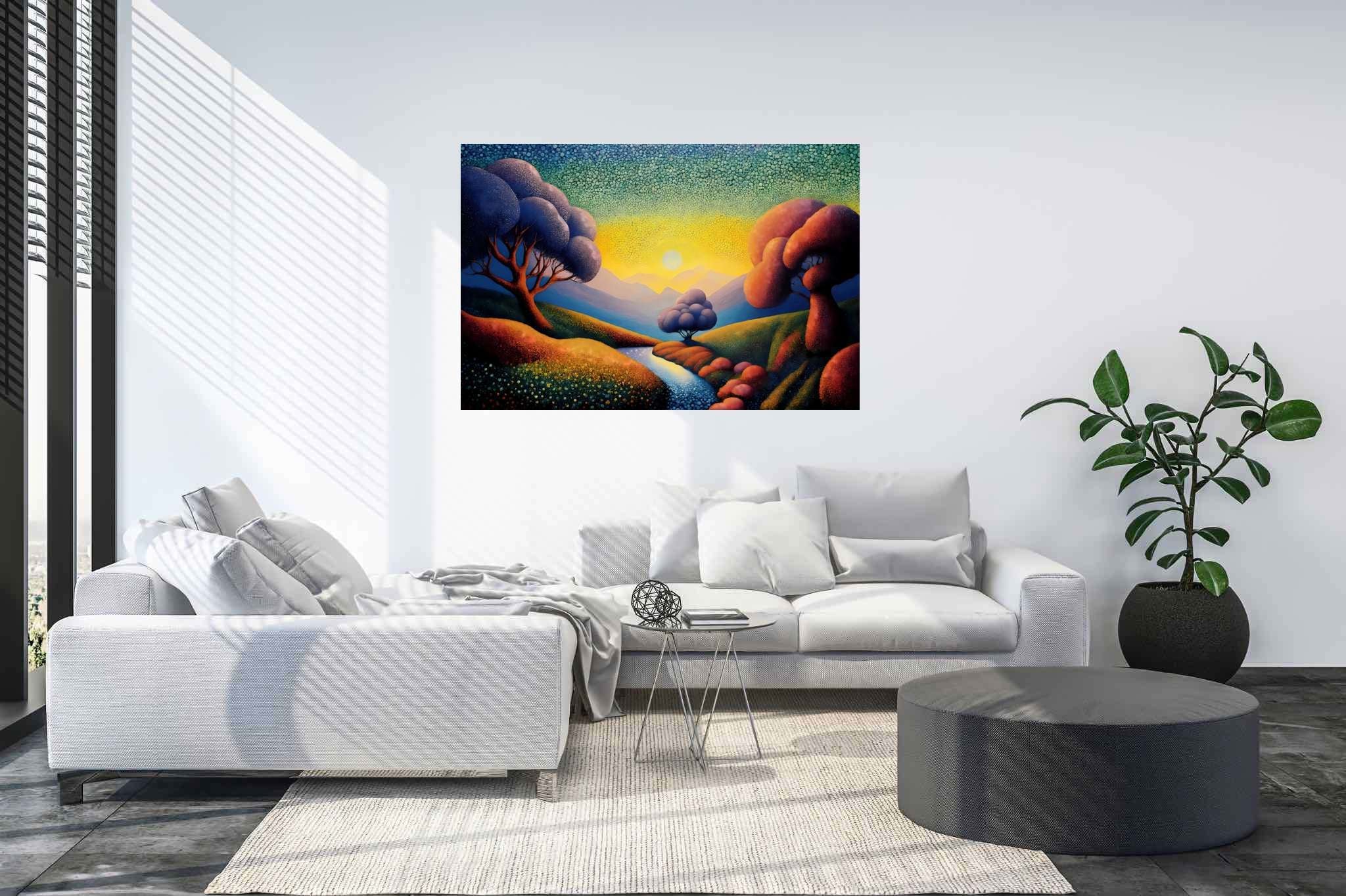 Chromatic valleys embrace: Vivid landscape art with dynamic outdoor scenery, in a room with contemporary flair, gallery-quality artwork, and home styling items. The art can be printed on poster, framed poster, canvas, metal, acrylic or wood, exclusively at WallArtZen. Find this exact print at https://wallartzen.com/waz123