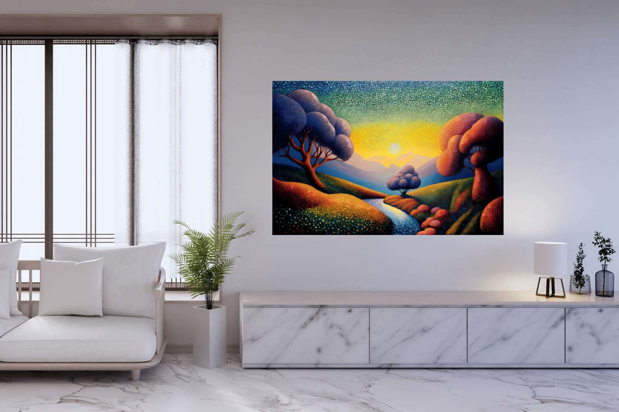 Chromatic valleys embrace: Vivid landscape art with dynamic scenery, in a room with artistic style, digital art pieces, and home styling items. The art can be printed on poster, framed poster, canvas, metal, acrylic or wood, exclusively at WallArtZen. Find this exact print at https://wallartzen.com/waz123