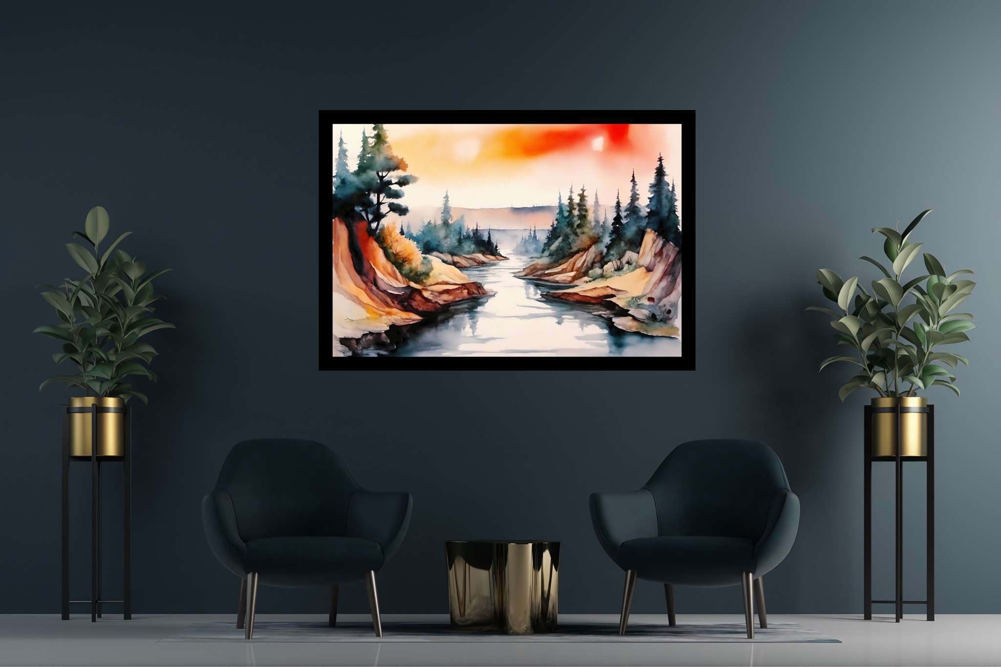 Verdant canticle: Watercolor forest art with watercolor artwork, in a room with classic elegance, fine art prints, and trendy home accents. The art can be printed on poster, framed poster, canvas, metal, acrylic or wood, exclusively at WallArtZen. Find this exact print at https://wallartzen.com/waz124