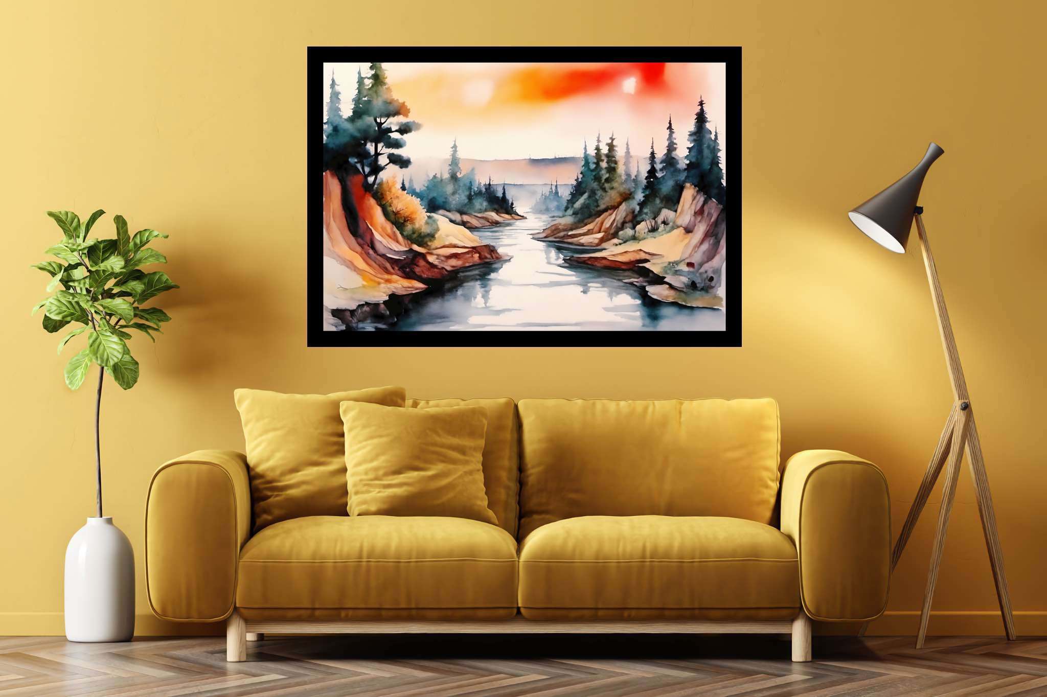 Verdant canticle: Watercolor forest art with nature painting, in a room with classic elegance, canvas prints, and interior decorations. The art can be printed on poster, framed poster, canvas, metal, acrylic or wood, exclusively at WallArtZen. Find this exact print at https://wallartzen.com/waz124