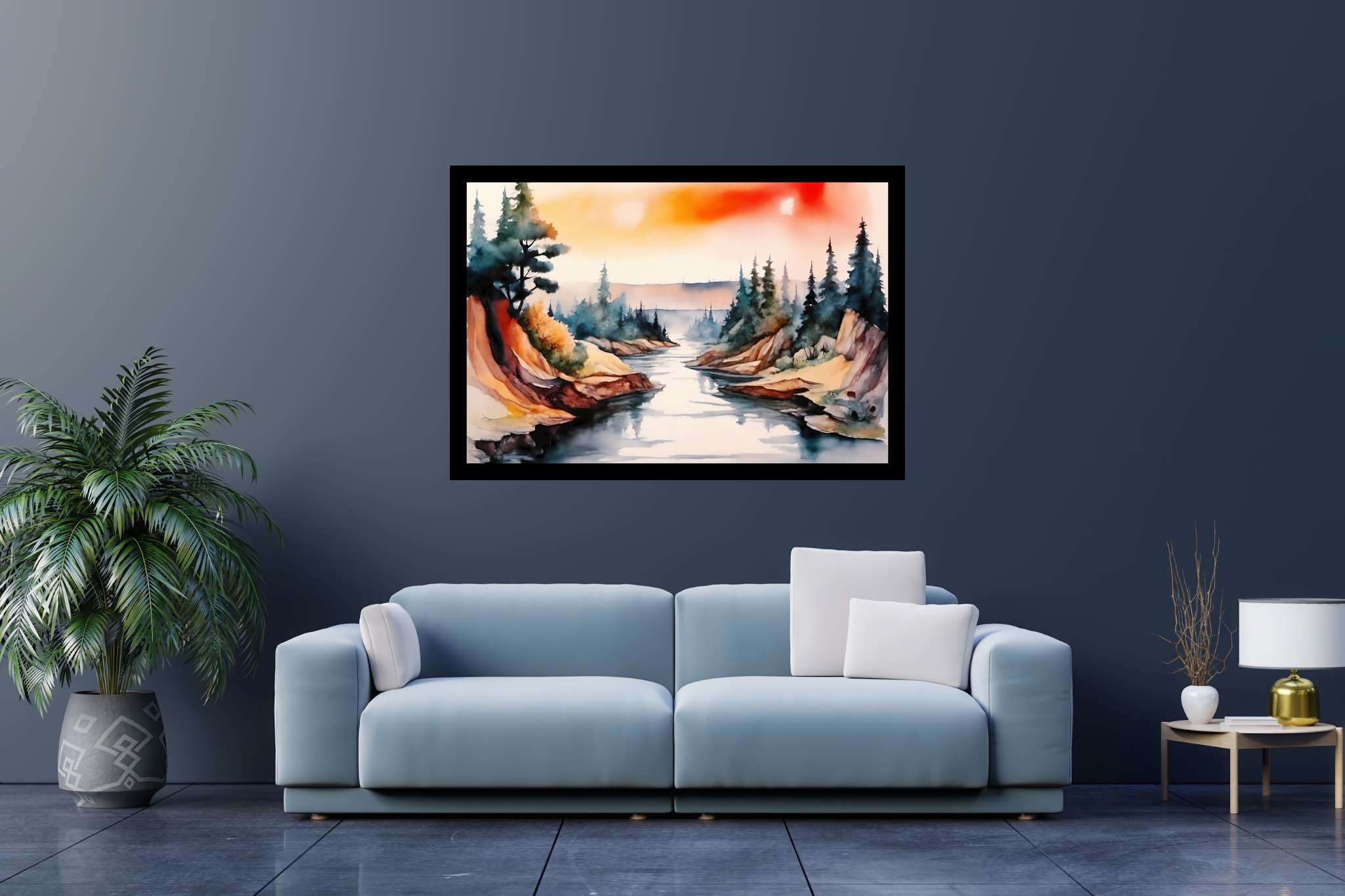 Verdant canticle: Watercolor forest art with woodland art, in a room with chic decor, bespoke art designs, and artisan decor. The art can be printed on poster, framed poster, canvas, metal, acrylic or wood, exclusively at WallArtZen. Find this exact print at https://wallartzen.com/waz124