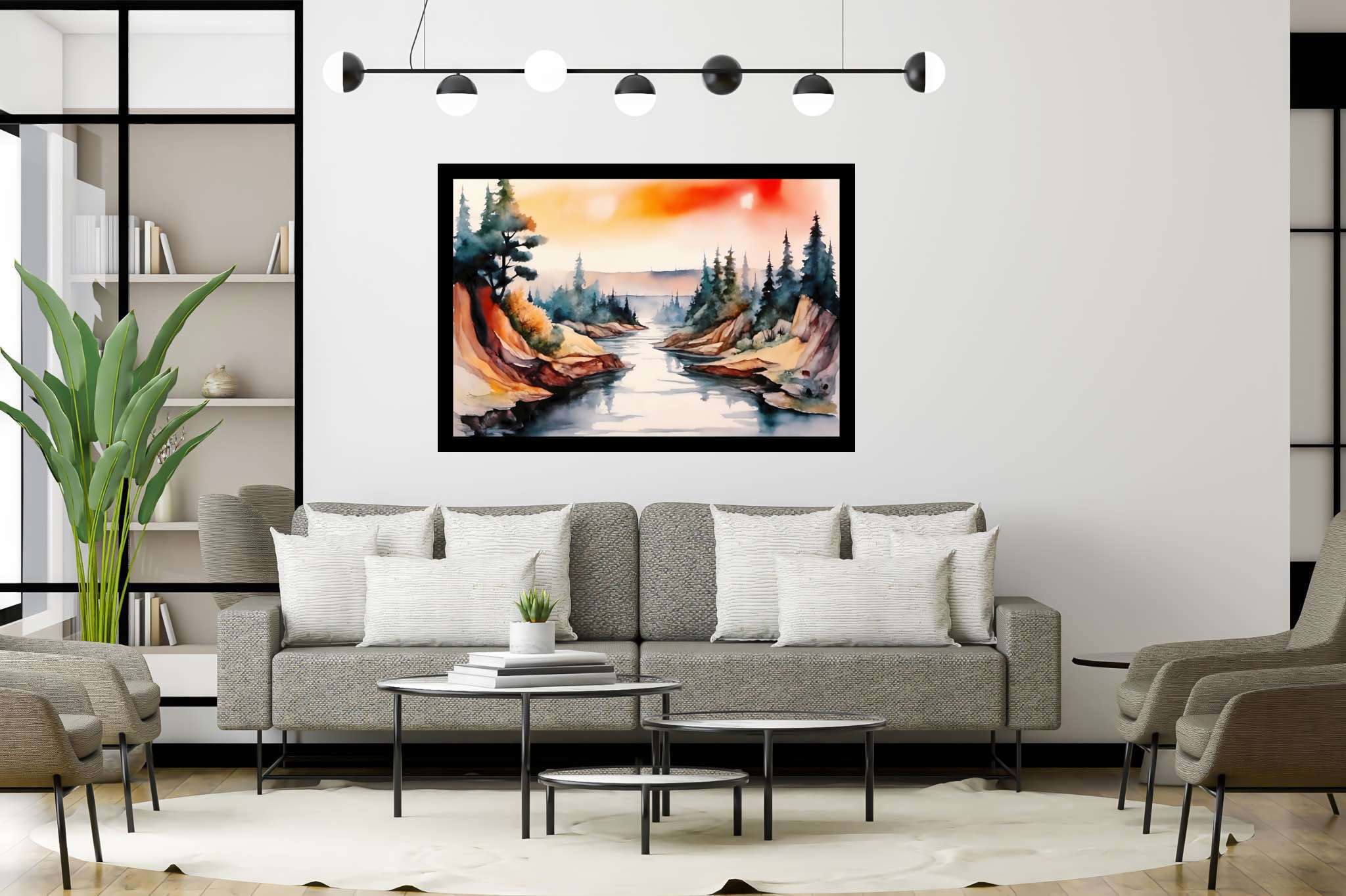 Verdant canticle: Watercolor forest art with forest scenery, in a room with contemporary flair, photographic wall art, and elegant home goods. The art can be printed on poster, framed poster, canvas, metal, acrylic or wood, exclusively at WallArtZen. Find this exact print at https://wallartzen.com/waz124