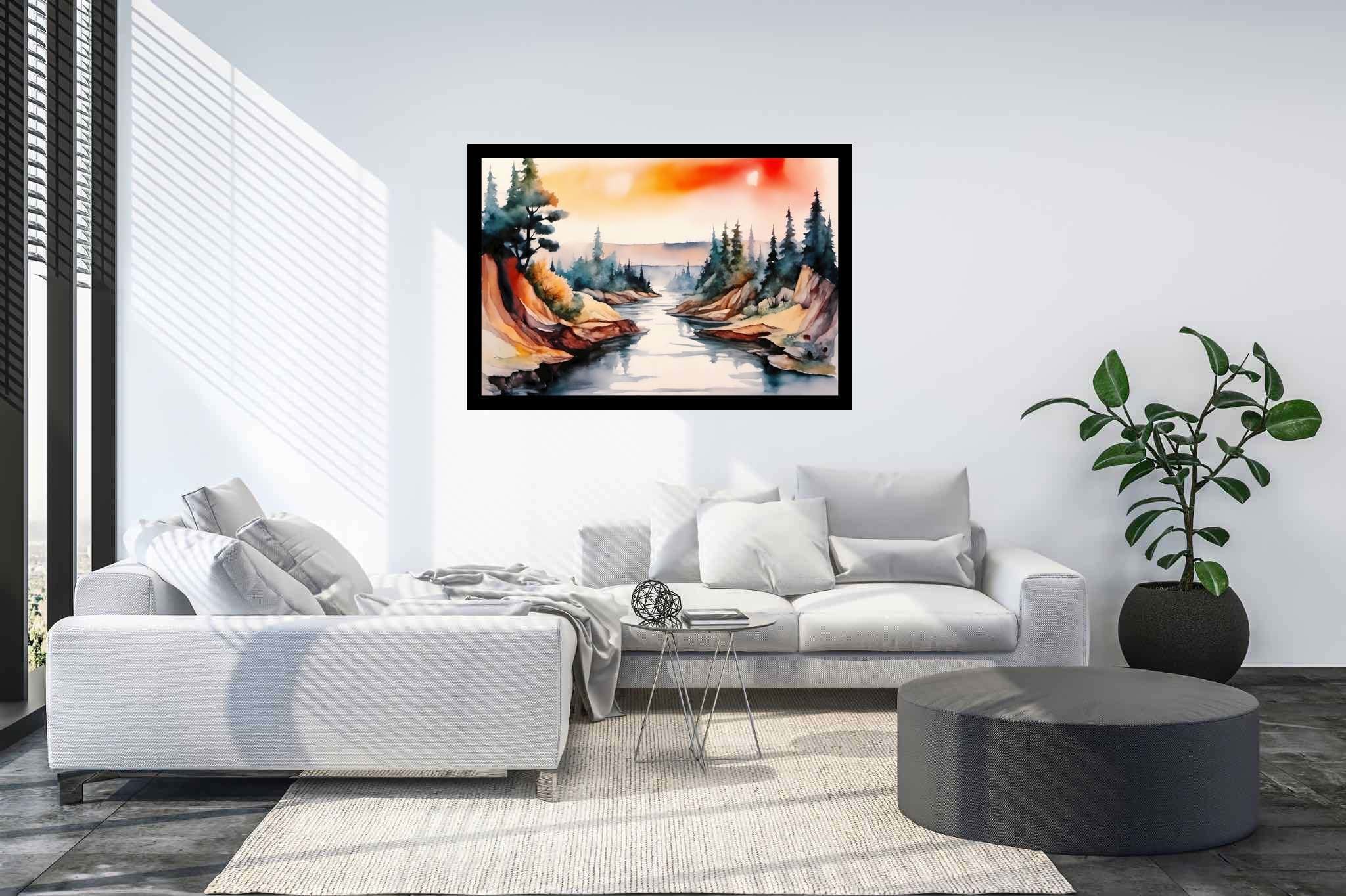 Verdant canticle: Watercolor forest art with watercolor trees, in a room with great design, framed art, and trendy home accents. The art can be printed on poster, framed poster, canvas, metal, acrylic or wood, exclusively at WallArtZen. Find this exact print at https://wallartzen.com/waz124