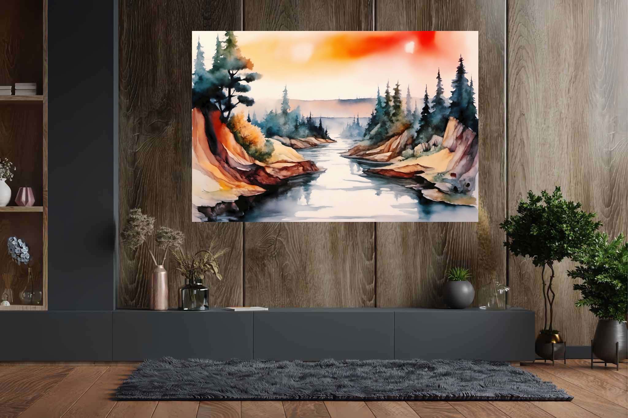 Verdant canticle: Watercolor forest art with watercolor landscape, in a room with innovative layout, framed art, and elegant home goods. The art can be printed on poster, framed poster, canvas, metal, acrylic or wood, exclusively at WallArtZen. Find this exact print at https://wallartzen.com/waz124