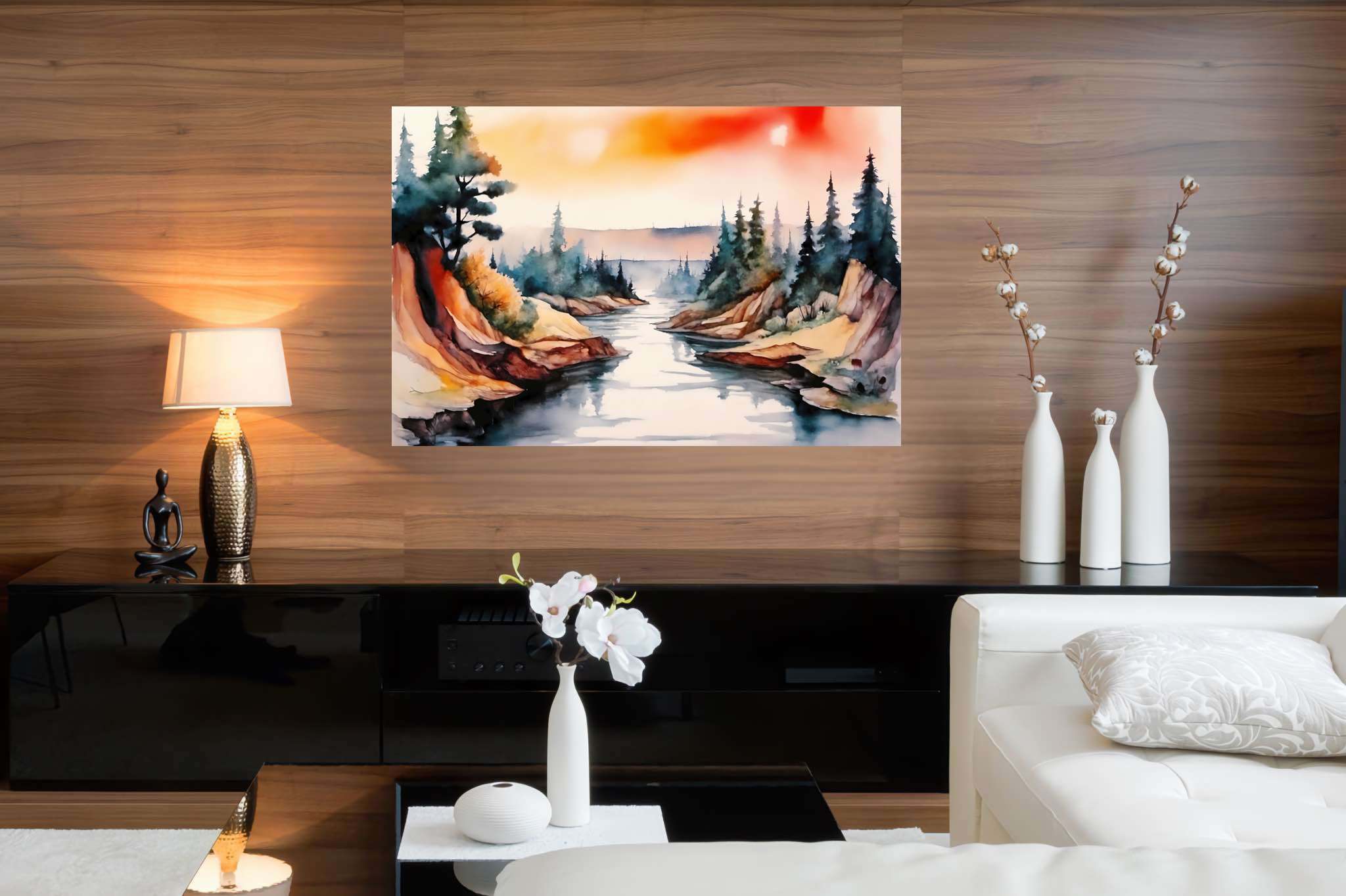 Verdant canticle: Watercolor forest art with forest scenery, in a room with classic elegance, abstract paintings, and elegant home goods. The art can be printed on poster, framed poster, canvas, metal, acrylic or wood, exclusively at WallArtZen. Find this exact print at https://wallartzen.com/waz124