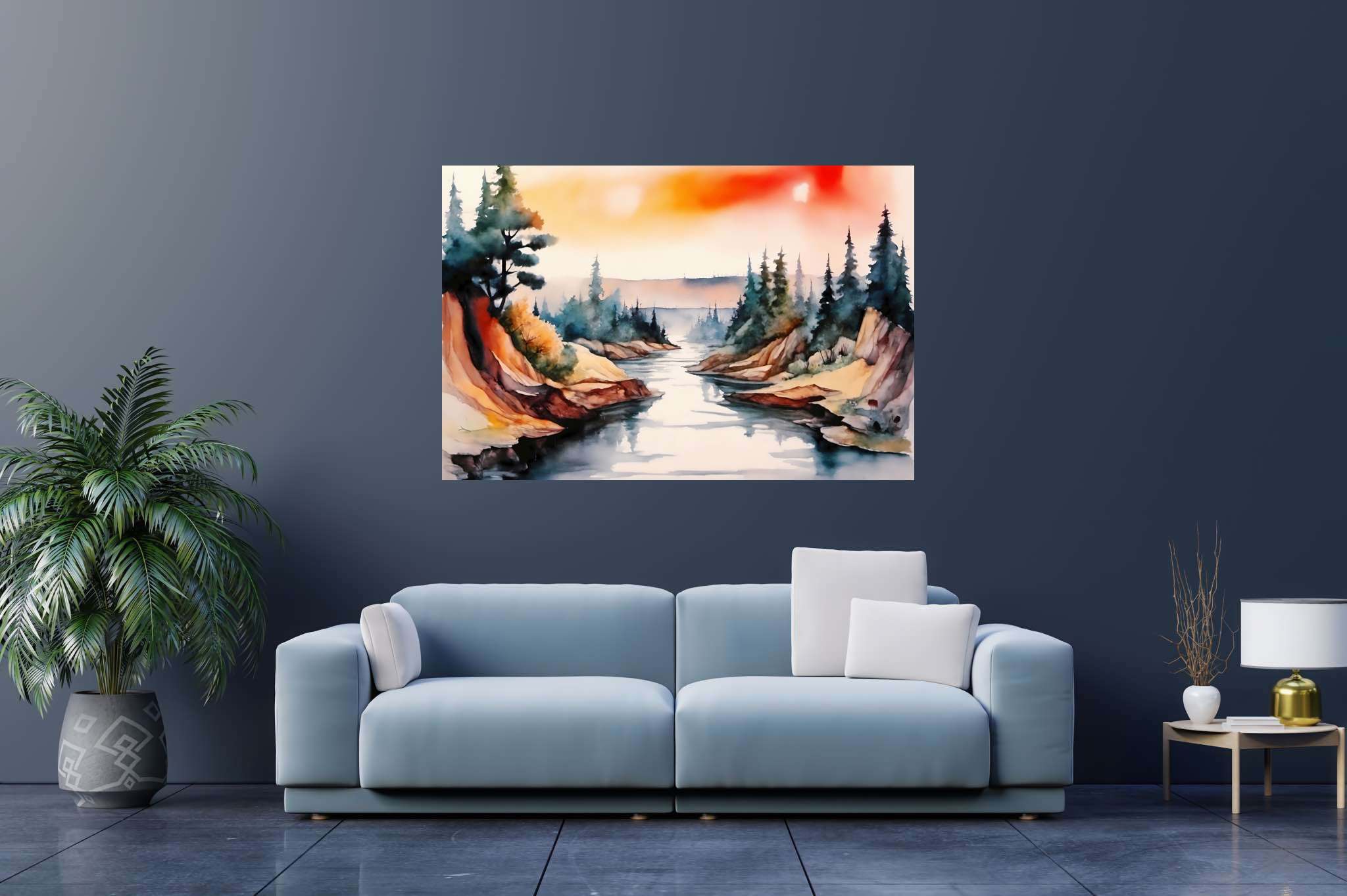 Verdant canticle: Watercolor forest art with watercolor landscape, in a room with artistic style, fine art prints, and elegant home goods. The art can be printed on poster, framed poster, canvas, metal, acrylic or wood, exclusively at WallArtZen. Find this exact print at https://wallartzen.com/waz124