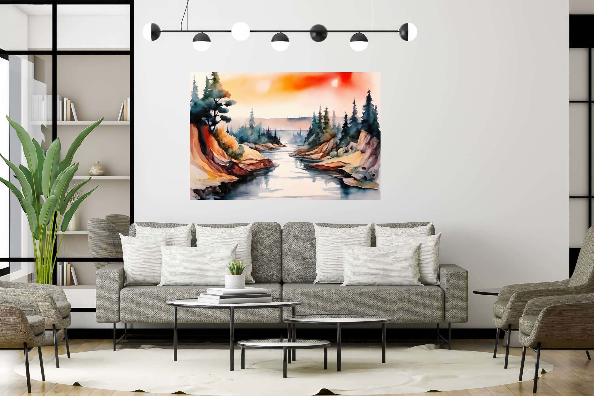 Verdant canticle: Watercolor forest art with watercolor trees, in a room with minimalist approach, bespoke art designs, and home styling items. The art can be printed on poster, framed poster, canvas, metal, acrylic or wood, exclusively at WallArtZen. Find this exact print at https://wallartzen.com/waz124