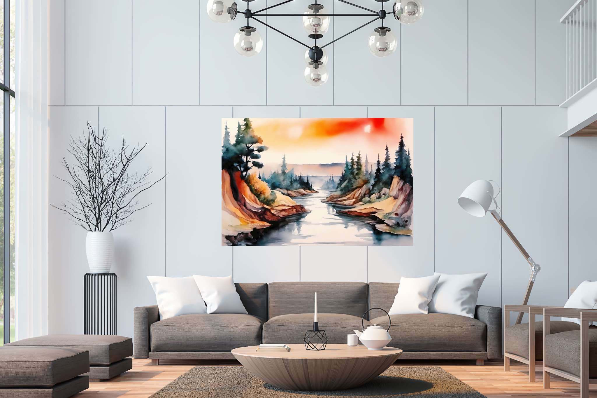 Verdant canticle: Watercolor forest art with watercolor forest art, in a room with elegant layout, mural artworks, and artisan decor. The art can be printed on poster, framed poster, canvas, metal, acrylic or wood, exclusively at WallArtZen. Find this exact print at https://wallartzen.com/waz124