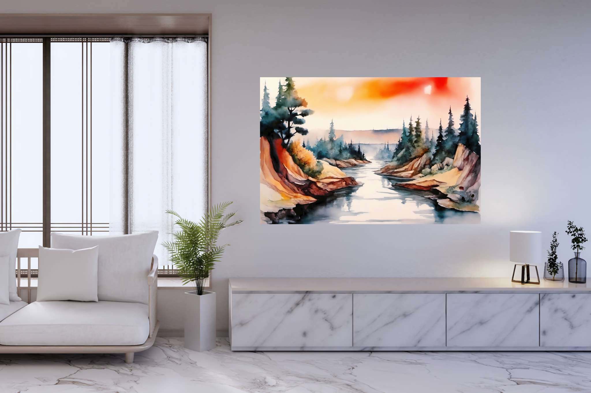 Verdant canticle: Watercolor forest art with forest scenery, in a room with contemporary flair, wall art, and trendy home accents. The art can be printed on poster, framed poster, canvas, metal, acrylic or wood, exclusively at WallArtZen. Find this exact print at https://wallartzen.com/waz124
