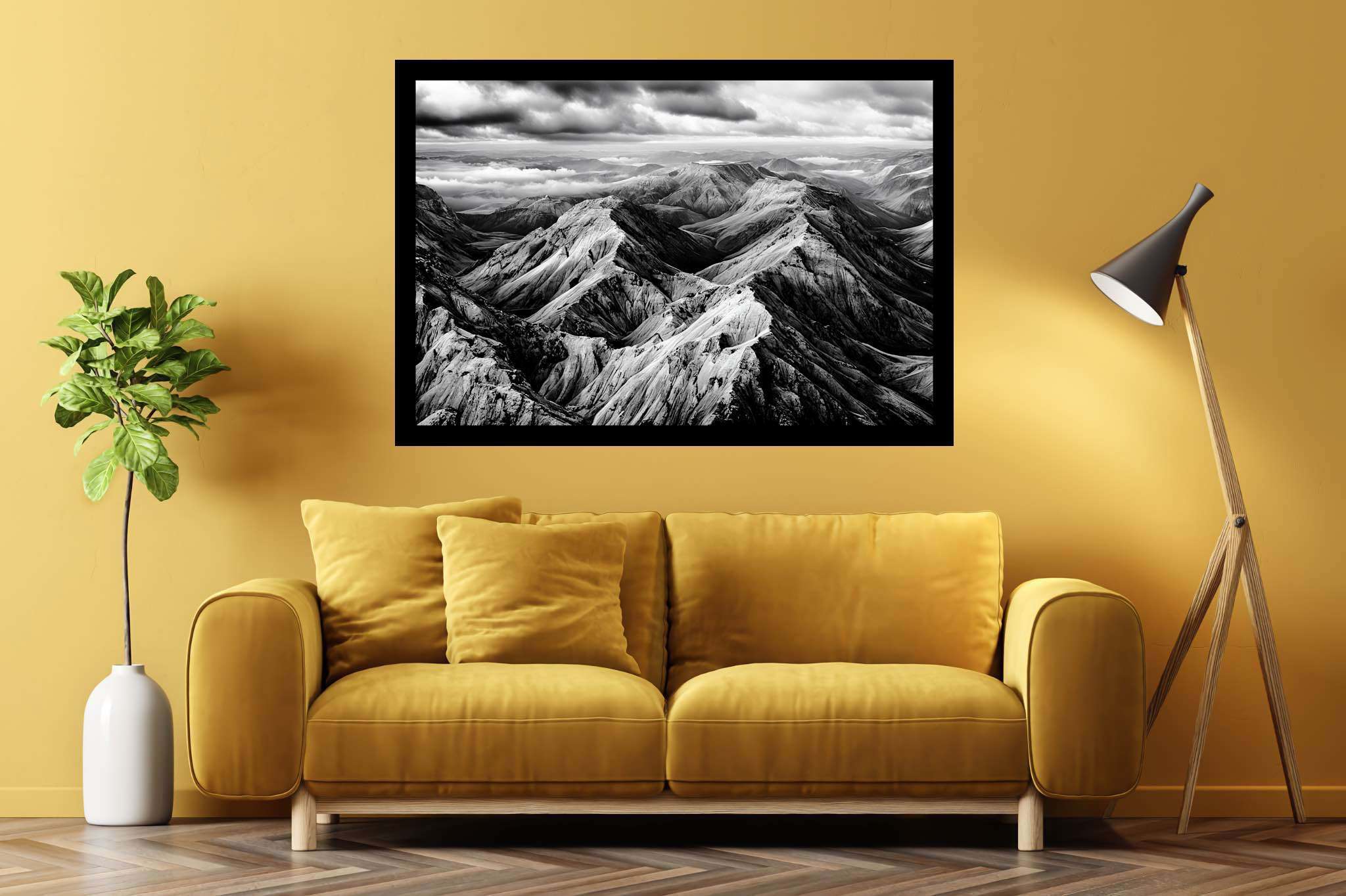 Veiled peaks serenade: Captivating aerial landscape art with mesmerizing aerial photography, in a room with elegant layout, canvas prints, and trendy home accents. The art can be printed on poster, framed poster, canvas, metal, acrylic or wood, exclusively at WallArtZen. Find this exact print at https://wallartzen.com/waz125