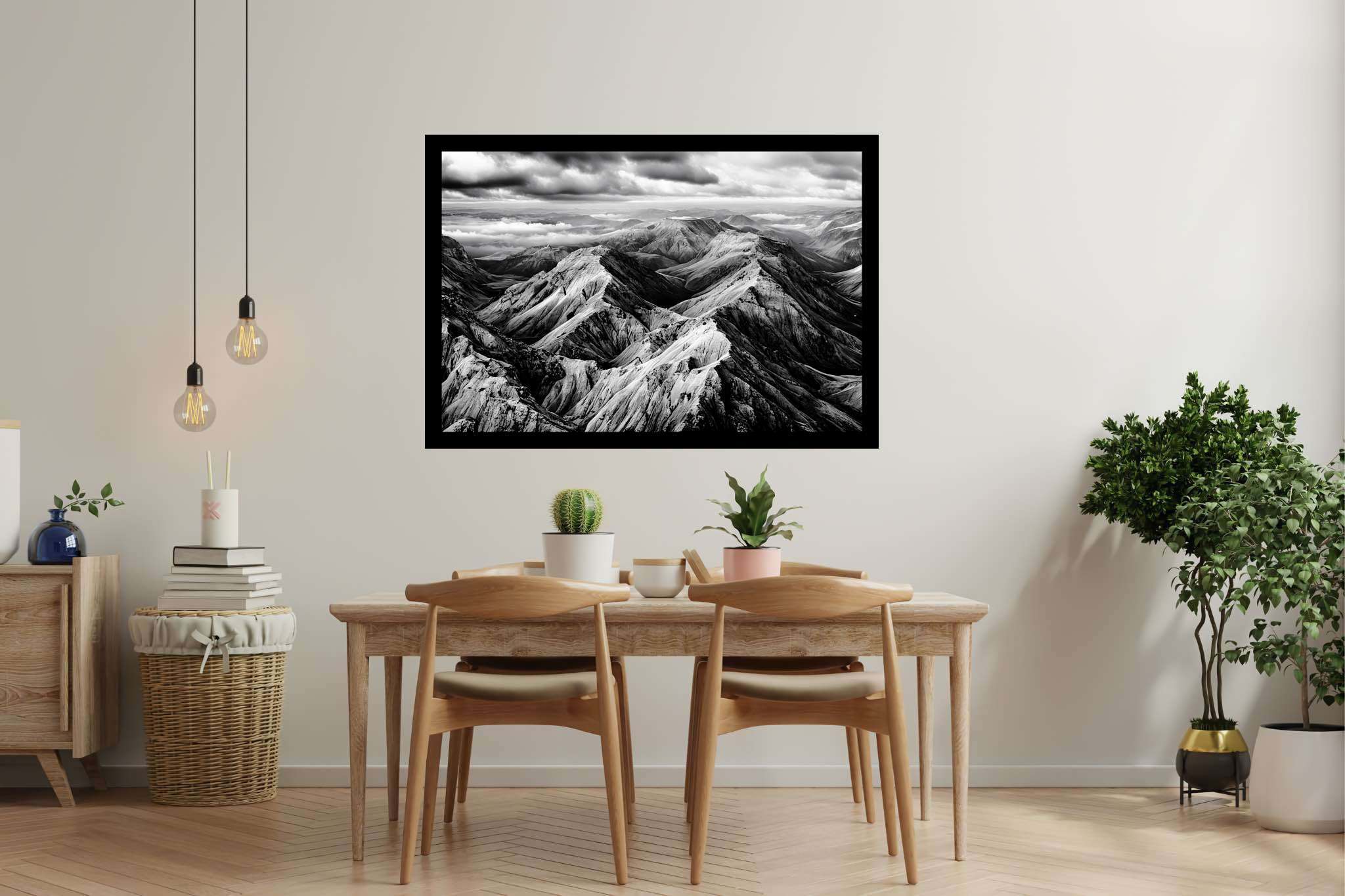 Veiled peaks serenade: Captivating aerial landscape art with stunning aerial photographs, in a room with elegant layout, digital art pieces, and stylish accessories. The art can be printed on poster, framed poster, canvas, metal, acrylic or wood, exclusively at WallArtZen. Find this exact print at https://wallartzen.com/waz125
