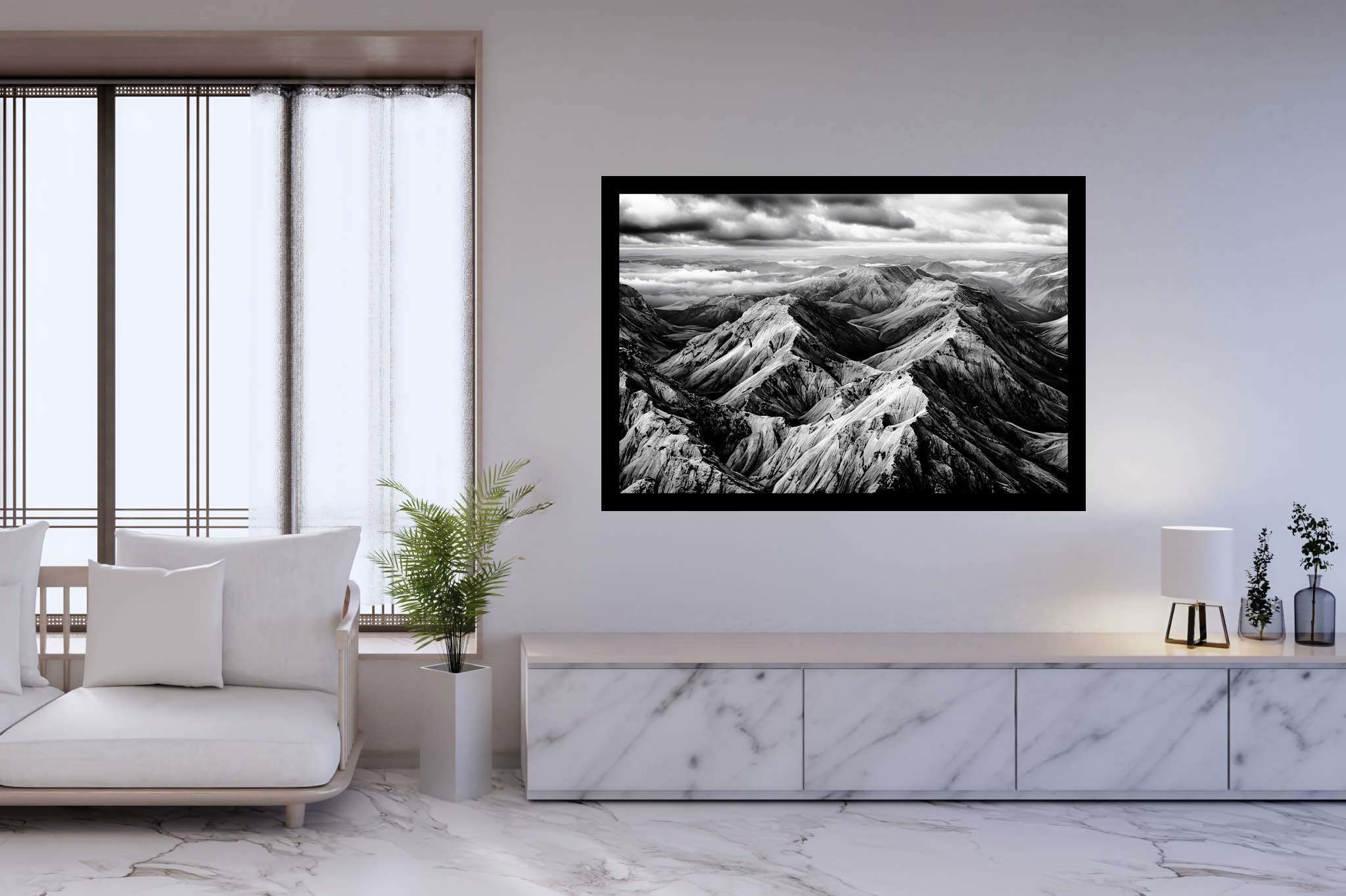 Veiled peaks serenade: Captivating aerial landscape art with breathtaking aerial scenery, in a room with great design, fine art prints, and trendy home accents. The art can be printed on poster, framed poster, canvas, metal, acrylic or wood, exclusively at WallArtZen. Find this exact print at https://wallartzen.com/waz125
