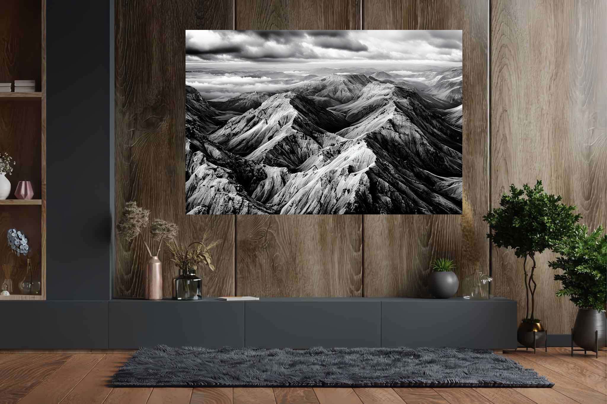 Veiled peaks serenade: Captivating aerial landscape art with breathtaking aerial scenery, in a room with modern style, bespoke art designs, and interior decorations. The art can be printed on poster, framed poster, canvas, metal, acrylic or wood, exclusively at WallArtZen. Find this exact print at https://wallartzen.com/waz125