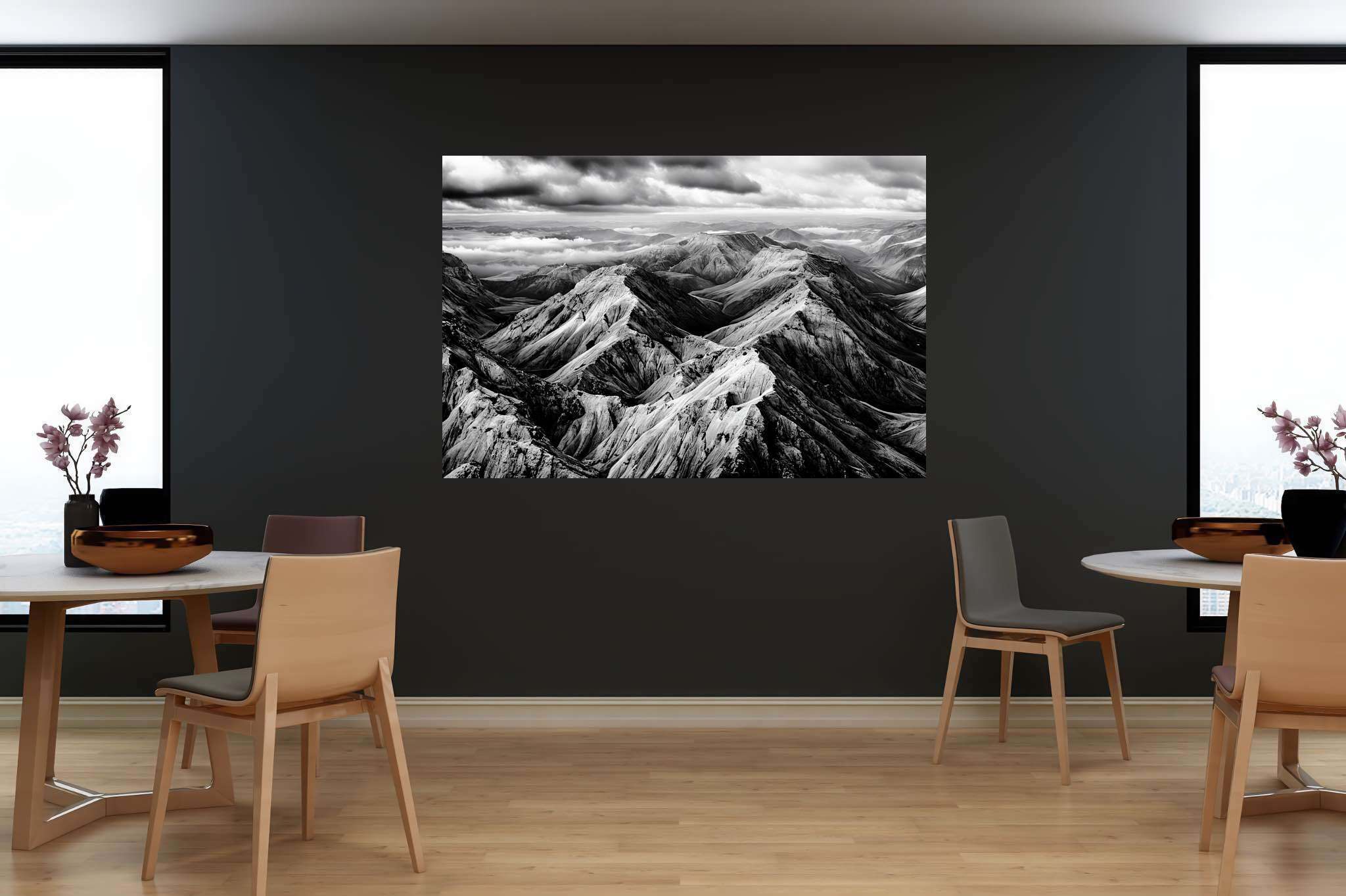 Veiled peaks serenade: Captivating aerial landscape art with breathtaking aerial artwork, in a room with urban design, digital art pieces, and home styling items. The art can be printed on poster, framed poster, canvas, metal, acrylic or wood, exclusively at WallArtZen. Find this exact print at https://wallartzen.com/waz125