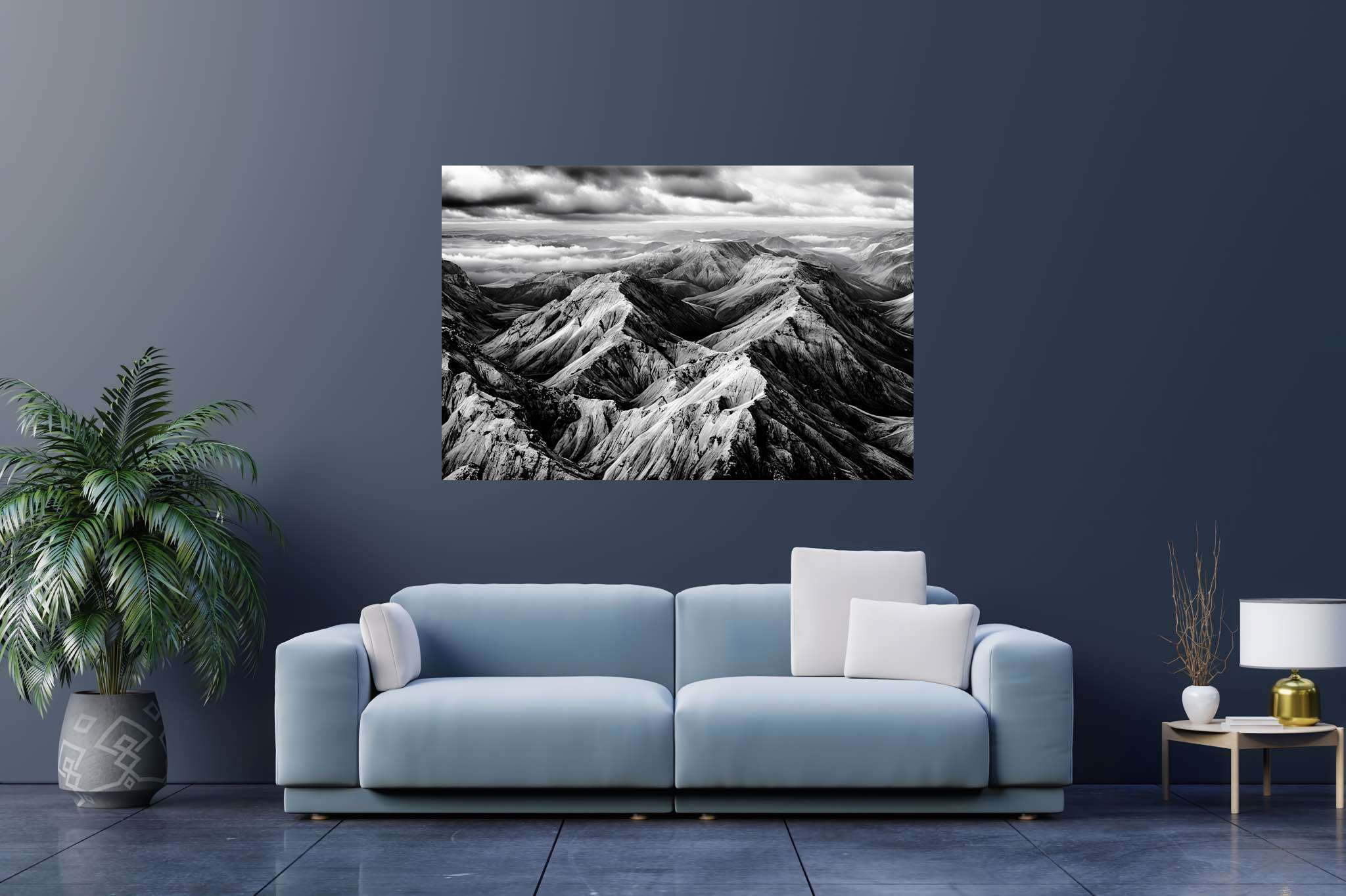Veiled peaks serenade: Captivating aerial landscape art with awe-inspiring aerial artwork, in a room with elegant layout, canvas prints, and interior decorations. The art can be printed on poster, framed poster, canvas, metal, acrylic or wood, exclusively at WallArtZen. Find this exact print at https://wallartzen.com/waz125