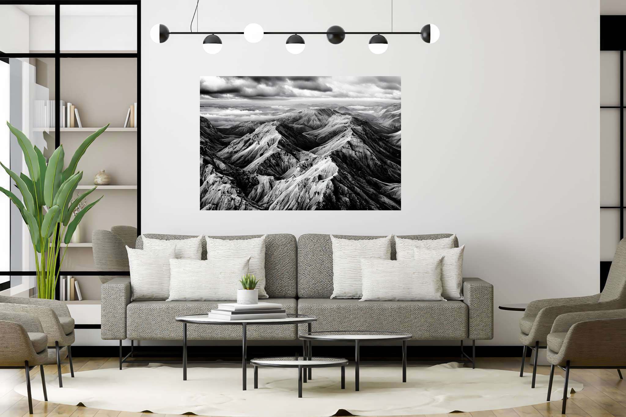 Veiled peaks serenade: Captivating aerial landscape art with mesmerizing aerial landscape paintings, in a room with artistic style, framed art, and interior decorations. The art can be printed on poster, framed poster, canvas, metal, acrylic or wood, exclusively at WallArtZen. Find this exact print at https://wallartzen.com/waz125