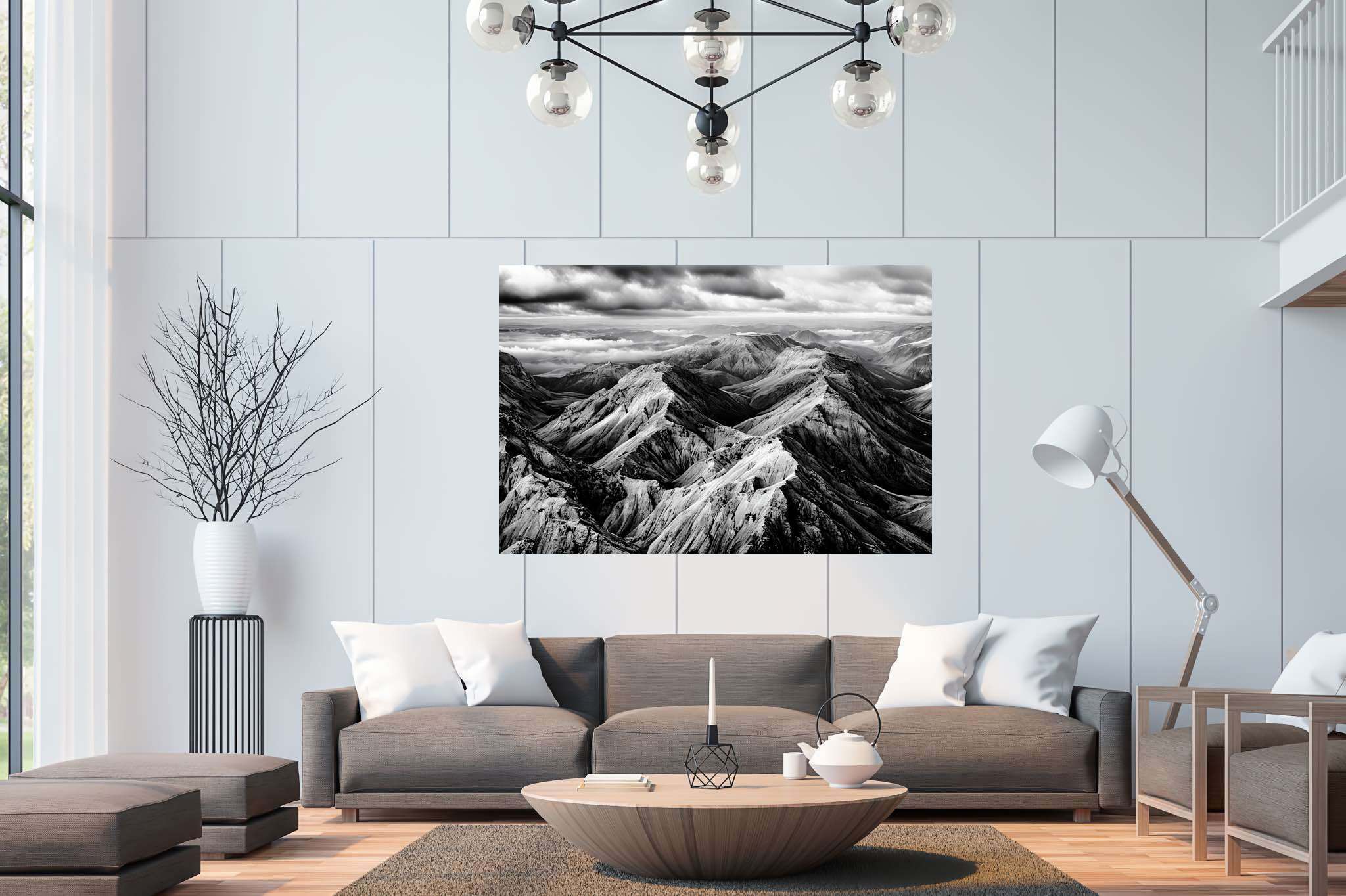 Veiled peaks serenade: Captivating aerial landscape art with mesmerizing aerial views, in a room with innovative layout, digital art pieces, and artisan decor. The art can be printed on poster, framed poster, canvas, metal, acrylic or wood, exclusively at WallArtZen. Find this exact print at https://wallartzen.com/waz125