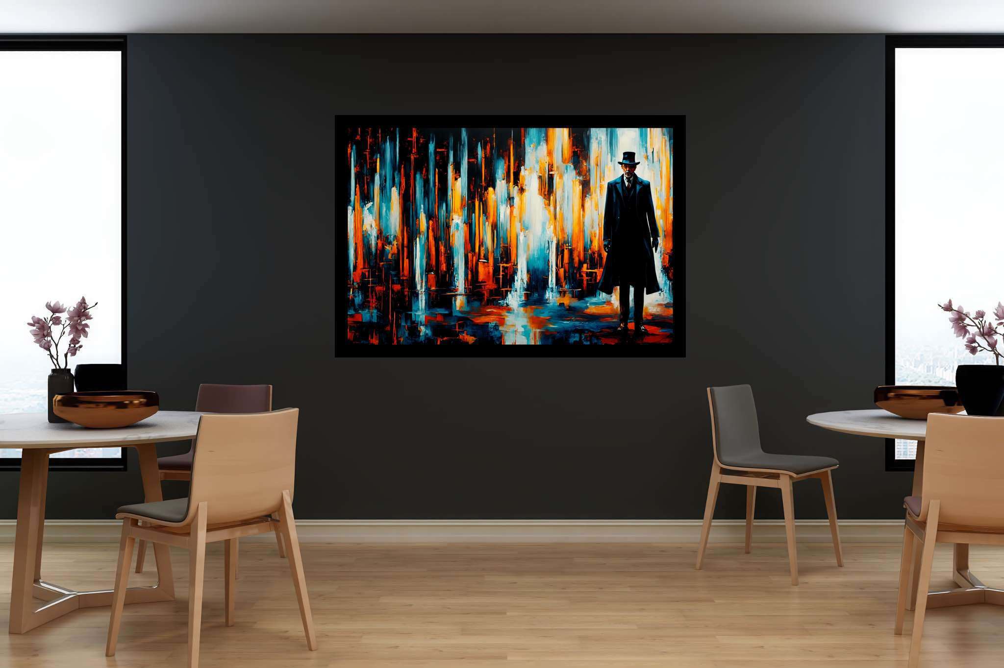 Chaos in sartorial repose: Abstract art with texture, in a room with innovative layout, framed art, and home styling items. The art can be printed on poster, framed poster, canvas, metal, acrylic or wood, exclusively at WallArtZen. Find this exact print at https://wallartzen.com/waz126