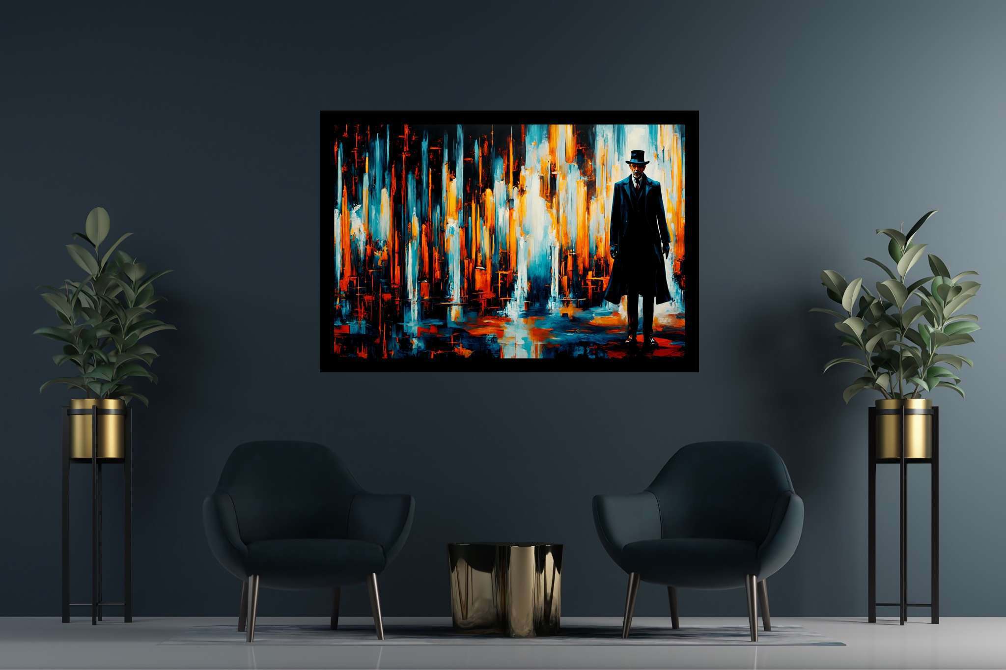 Chaos in sartorial repose: Abstract art with conceptual, in a room with elegant layout, abstract paintings, and stylish accessories. The art can be printed on poster, framed poster, canvas, metal, acrylic or wood, exclusively at WallArtZen. Find this exact print at https://wallartzen.com/waz126