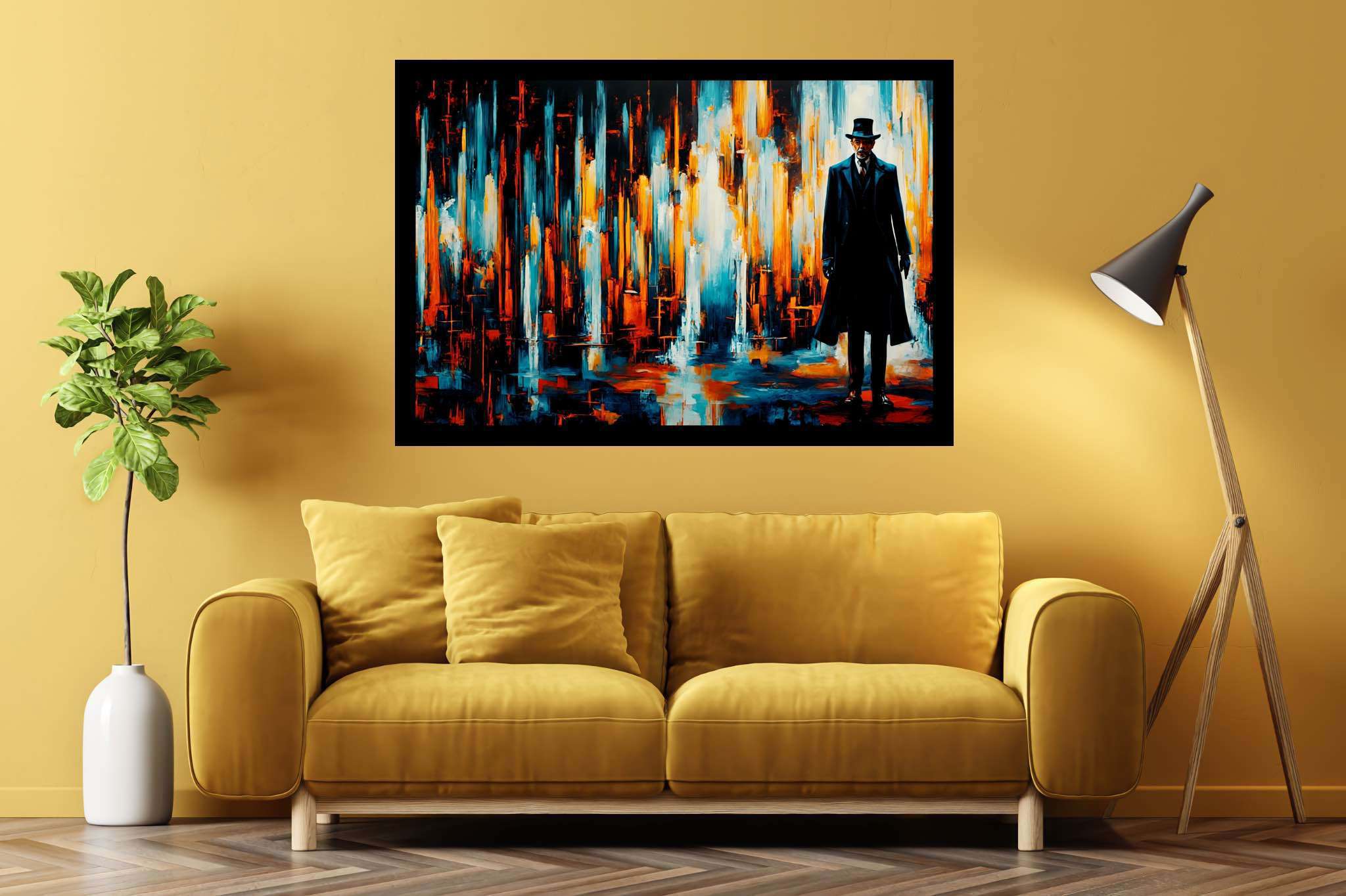 Chaos in sartorial repose: Abstract art with innovative, in a room with chic decor, photographic wall art, and trendy home accents. The art can be printed on poster, framed poster, canvas, metal, acrylic or wood, exclusively at WallArtZen. Find this exact print at https://wallartzen.com/waz126