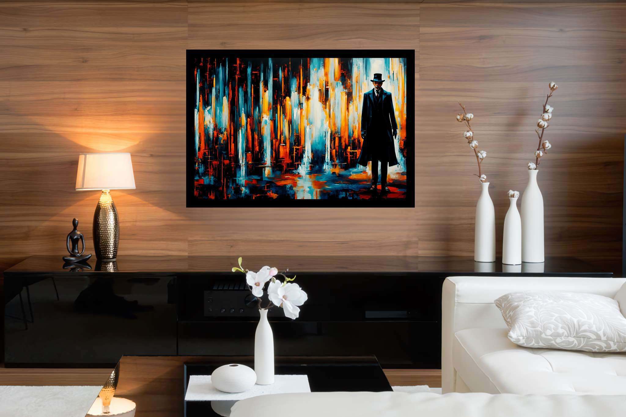Chaos in sartorial repose: Abstract art with experimental, in a room with great design, canvas prints, and luxe decor. The art can be printed on poster, framed poster, canvas, metal, acrylic or wood, exclusively at WallArtZen. Find this exact print at https://wallartzen.com/waz126
