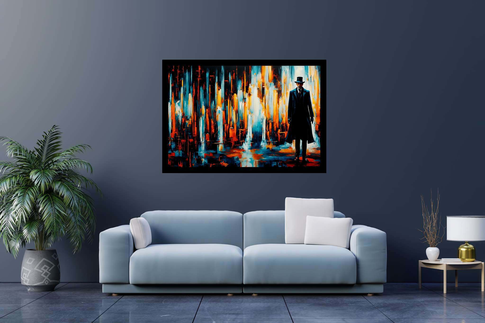 Chaos in sartorial repose: Abstract art with experimental, in a room with great design, abstract paintings, and home styling items. The art can be printed on poster, framed poster, canvas, metal, acrylic or wood, exclusively at WallArtZen. Find this exact print at https://wallartzen.com/waz126