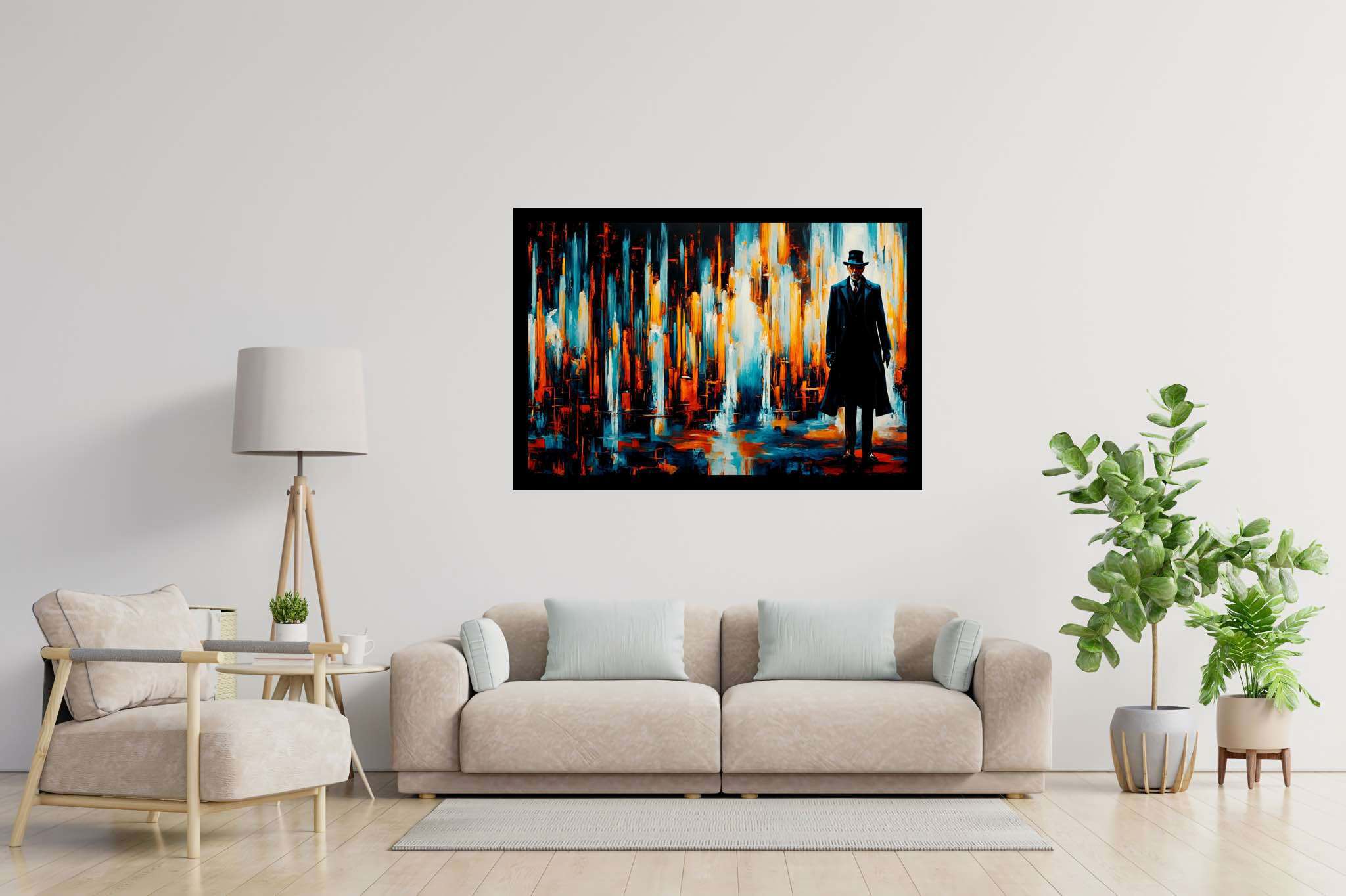 Chaos in sartorial repose: Abstract art with artistic interpretation, in a room with minimalist approach, mural artworks, and stylish accessories. The art can be printed on poster, framed poster, canvas, metal, acrylic or wood, exclusively at WallArtZen. Find this exact print at https://wallartzen.com/waz126