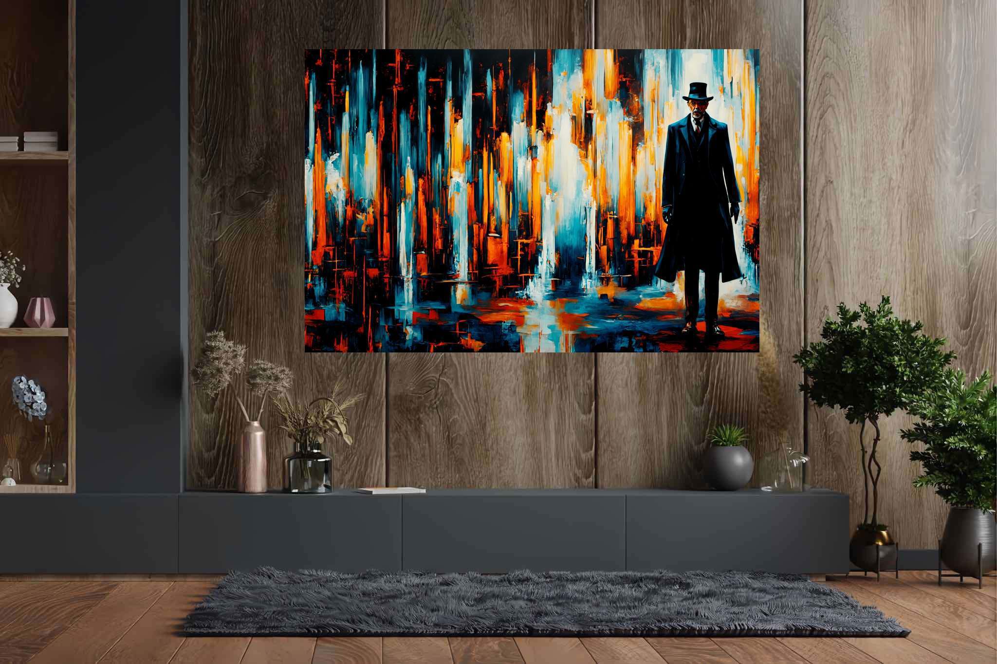 Chaos in sartorial repose: Abstract art with conceptual, in a room with contemporary flair, photographic wall art, and decorative pieces. The art can be printed on poster, framed poster, canvas, metal, acrylic or wood, exclusively at WallArtZen. Find this exact print at https://wallartzen.com/waz126