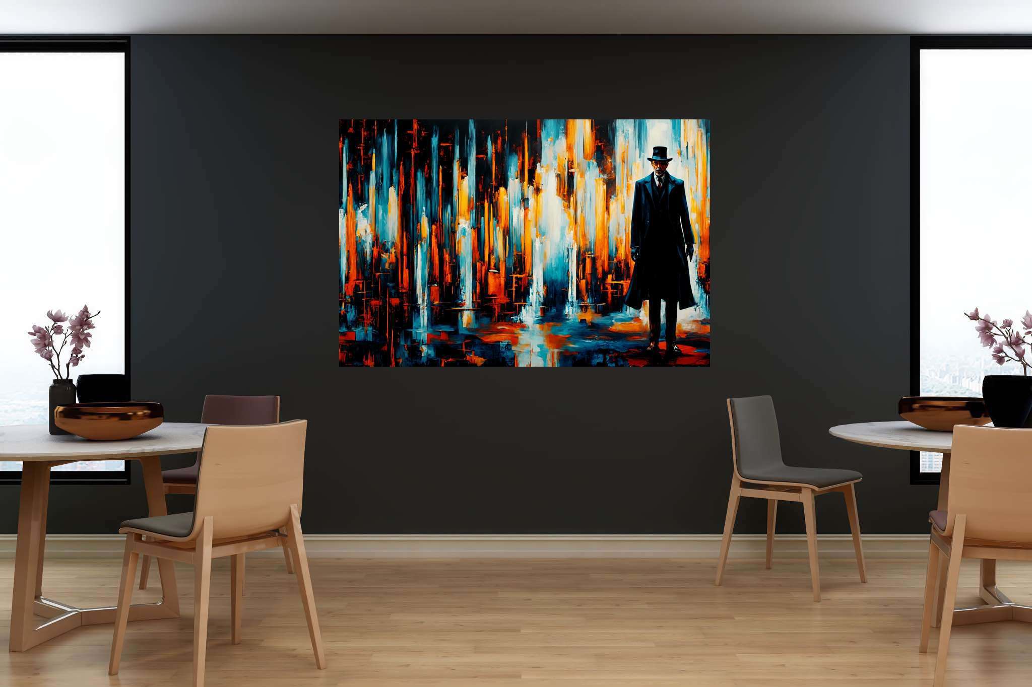 Chaos in sartorial repose: Abstract art with experimental, in a room with elegant layout, abstract paintings, and elegant home goods. The art can be printed on poster, framed poster, canvas, metal, acrylic or wood, exclusively at WallArtZen. Find this exact print at https://wallartzen.com/waz126